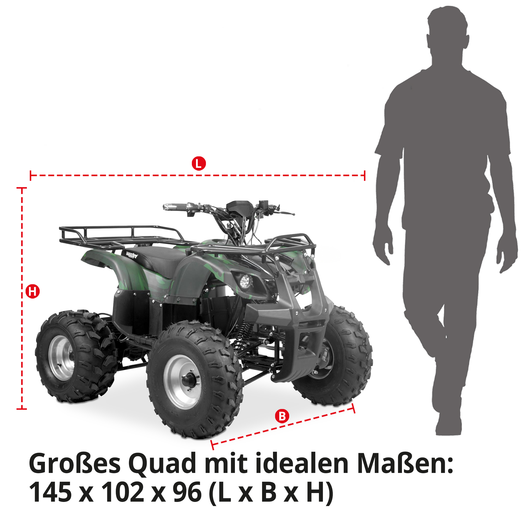 Elektro-Quad HECHT 59400 mit Abmessungen 145 × 102 × 96 cm (L×B×H) im Größenvergleich