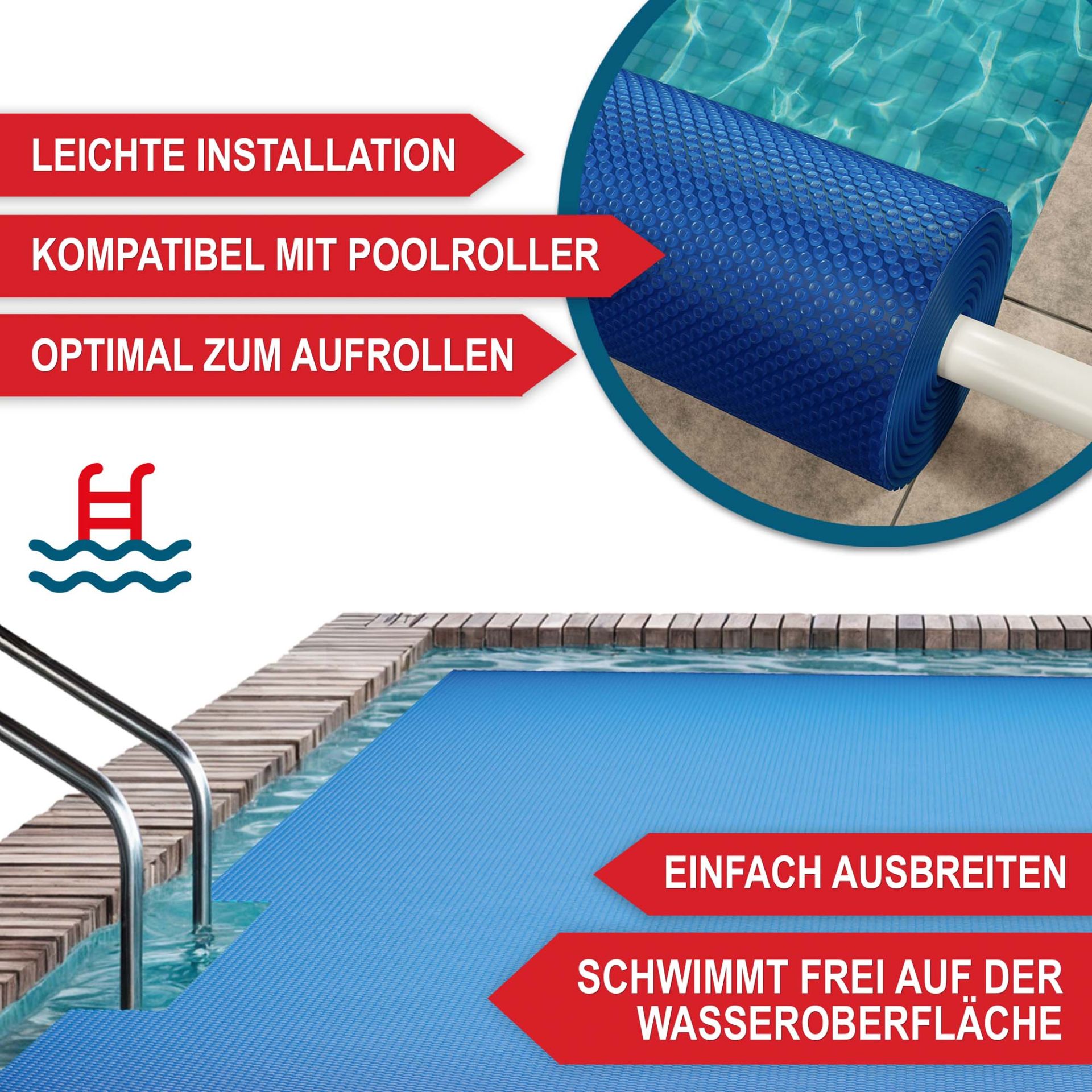 Pool Solarplane M - leichte Installation, kompatibel mit Poolroller, optimal zum aufrollen, einfach ausbreiten, schwimmt frei auf der Wasseroberfläche