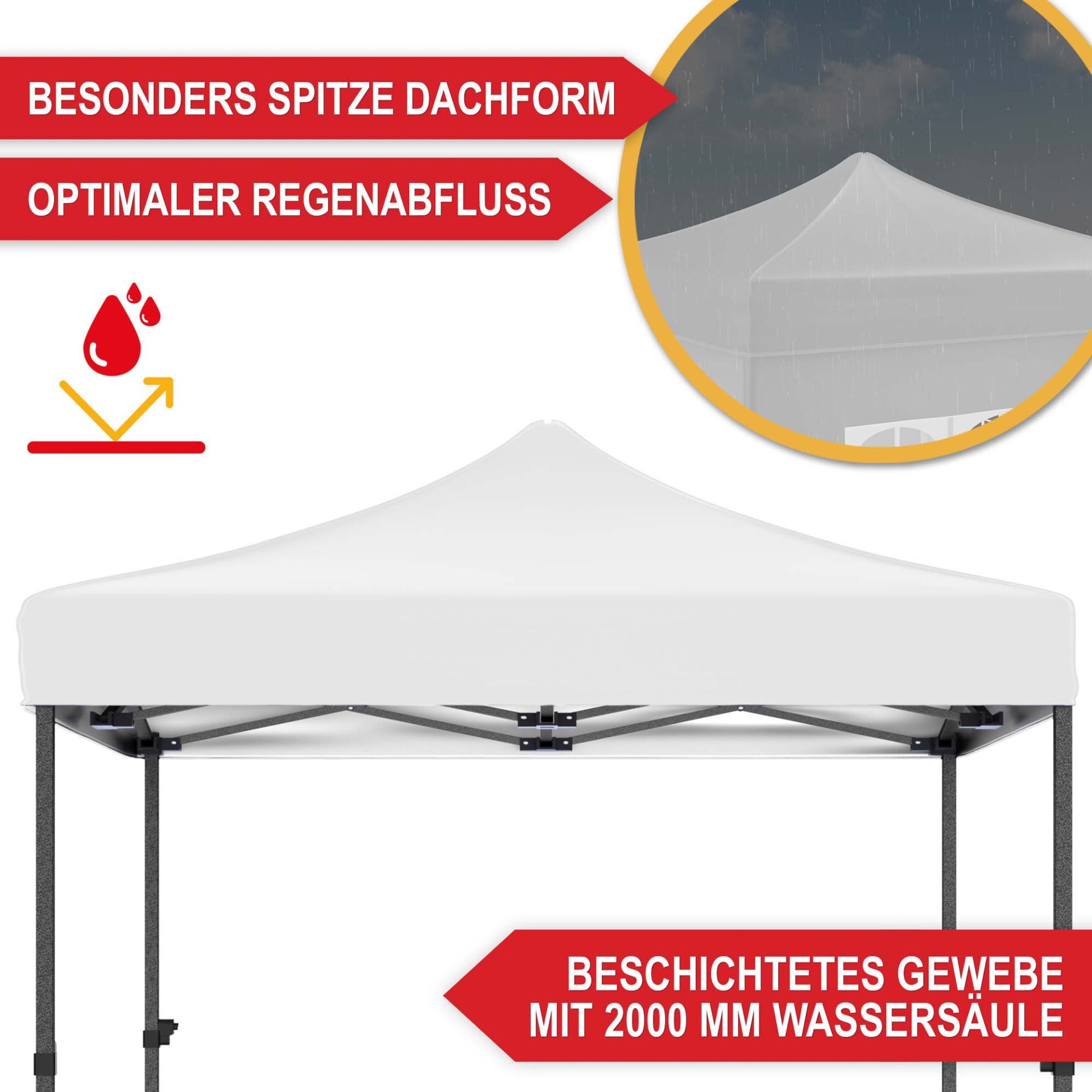 Pavillon weiß - Besonders spitze Dachform, optimaler Regenabfluss, beschichtetes Gewebe mit 2000 Millimeter Wassersäule