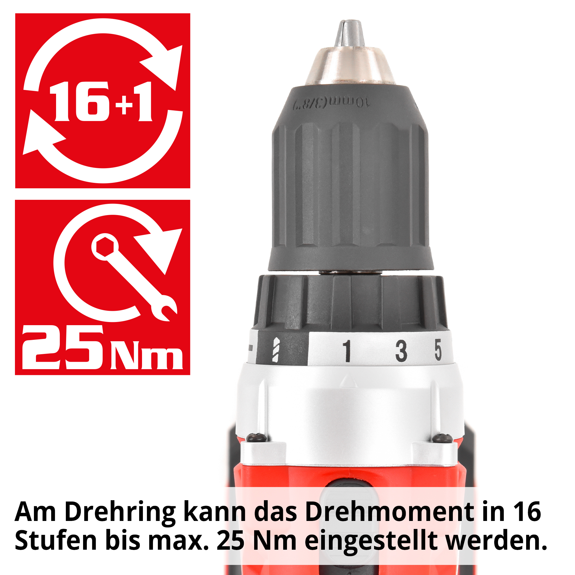 HECHT 1277 Akkuschrauber; Am Drehring kann das Drehmoment in 16 Stufen bis max. 25 Nm eingestellt werden