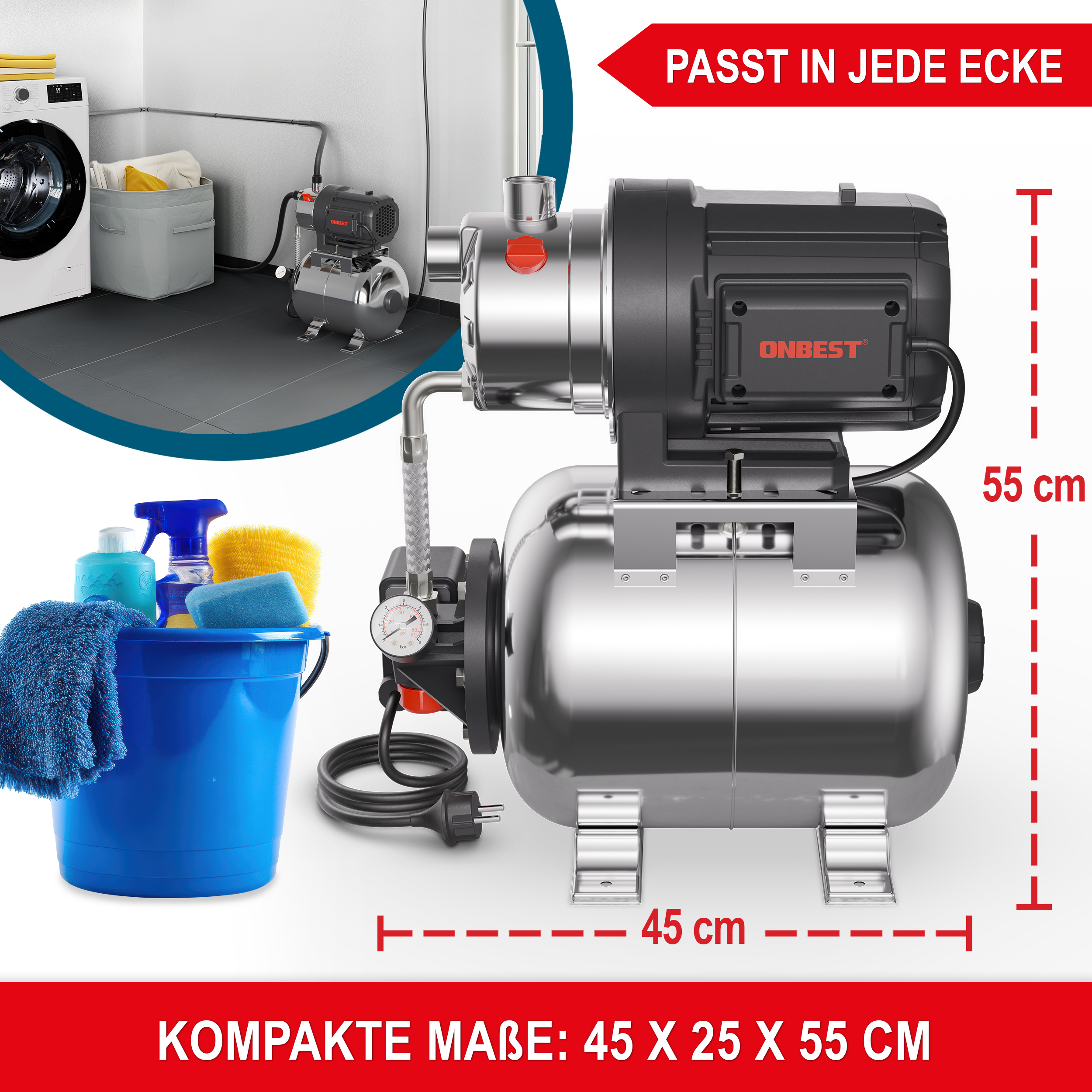 ONBEST Hauswasserwerk INOX; Kompakte Maße: 45 x 25 x 55 cm