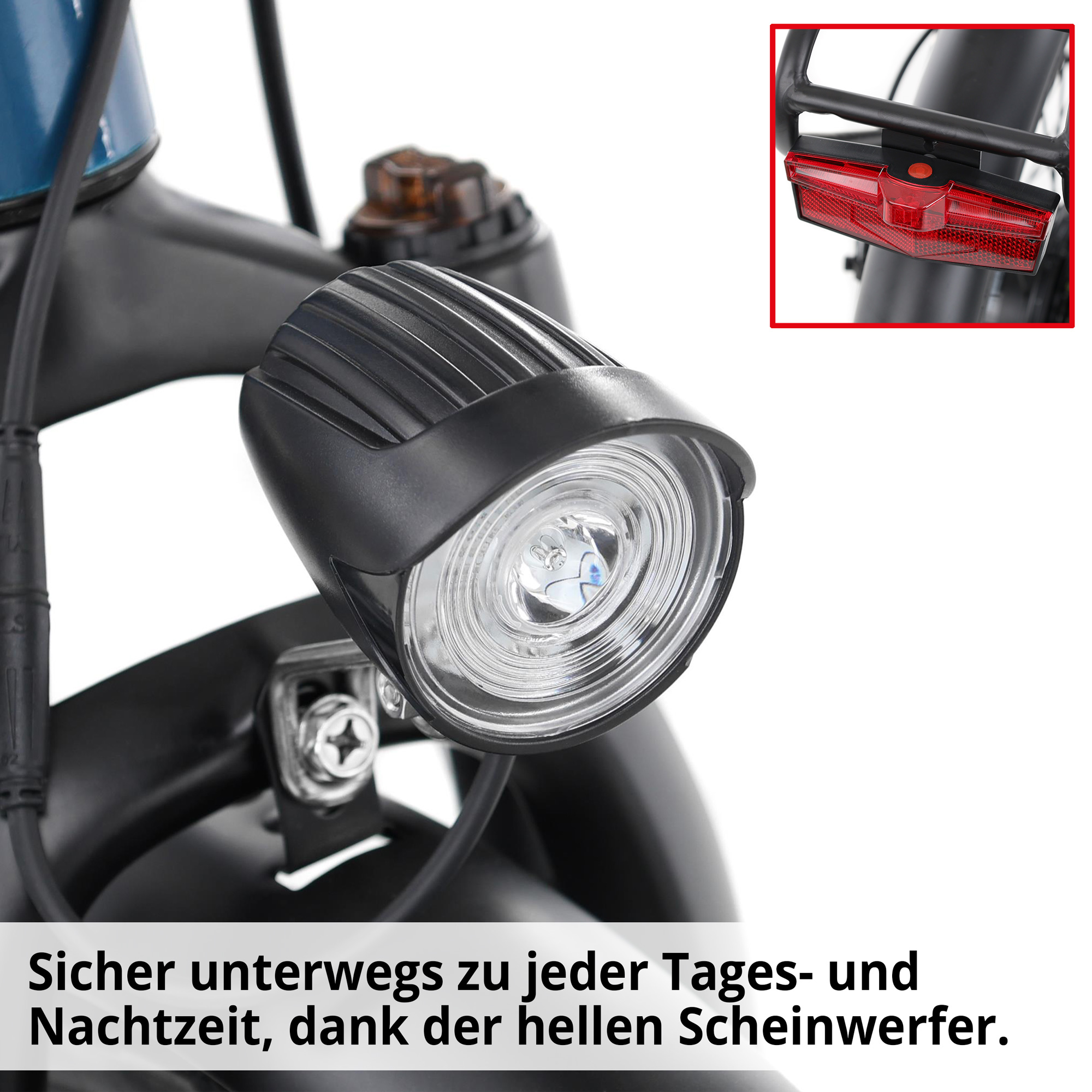 Hecht COMPOS BLUE - Elektro Klapprad; Sicher unterwegs zu jeder Tages- und Nachtzeit, dank der hellen Scheinwerfer