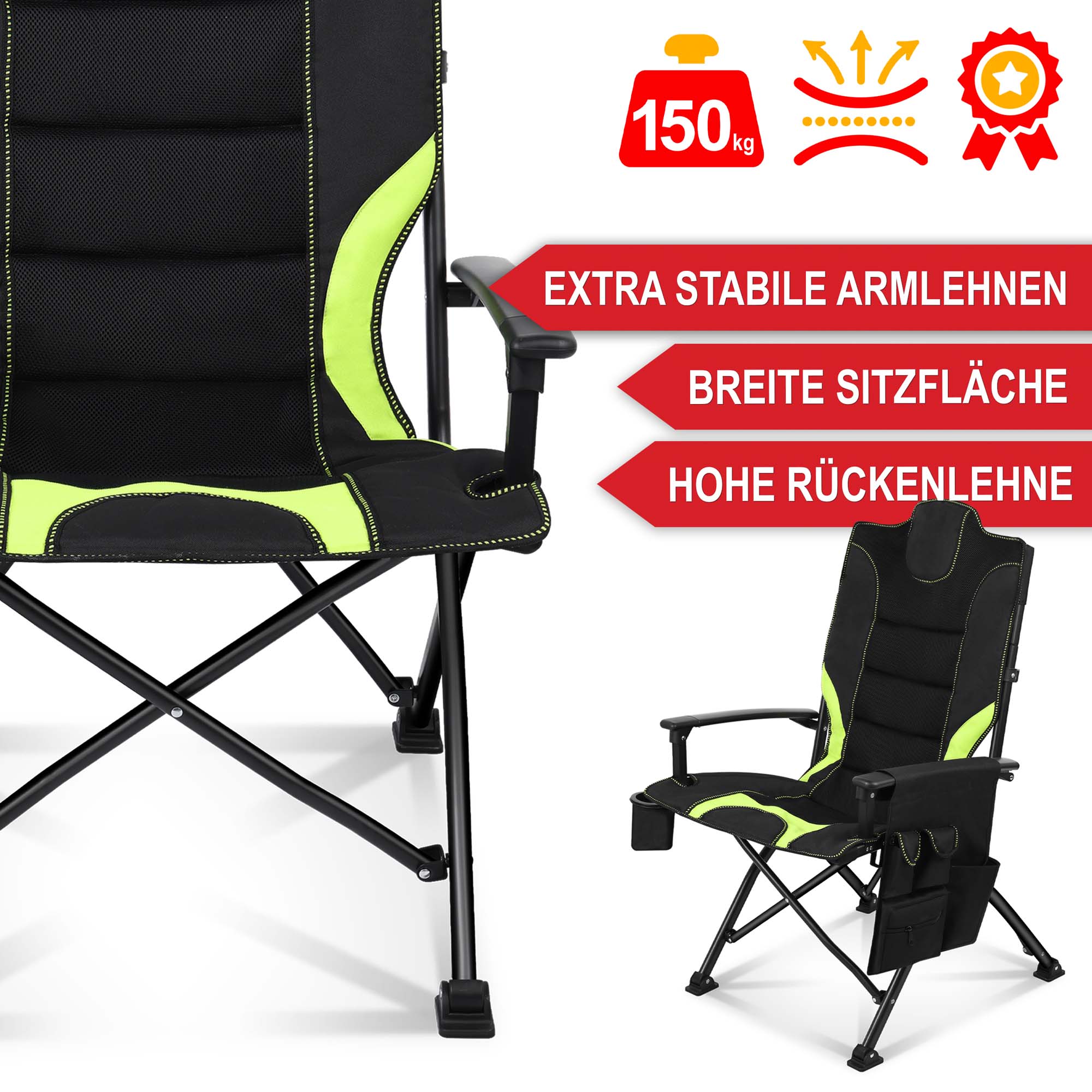 Campingstuhl schwarz/ grün - extra stabile Armlehne, breite Sitzfläche, hohe Rückenlehne Campingstuhl schwarz/ grün - extra stabile Armlehne, breite Sitzfläche, hohe Rückenlehne