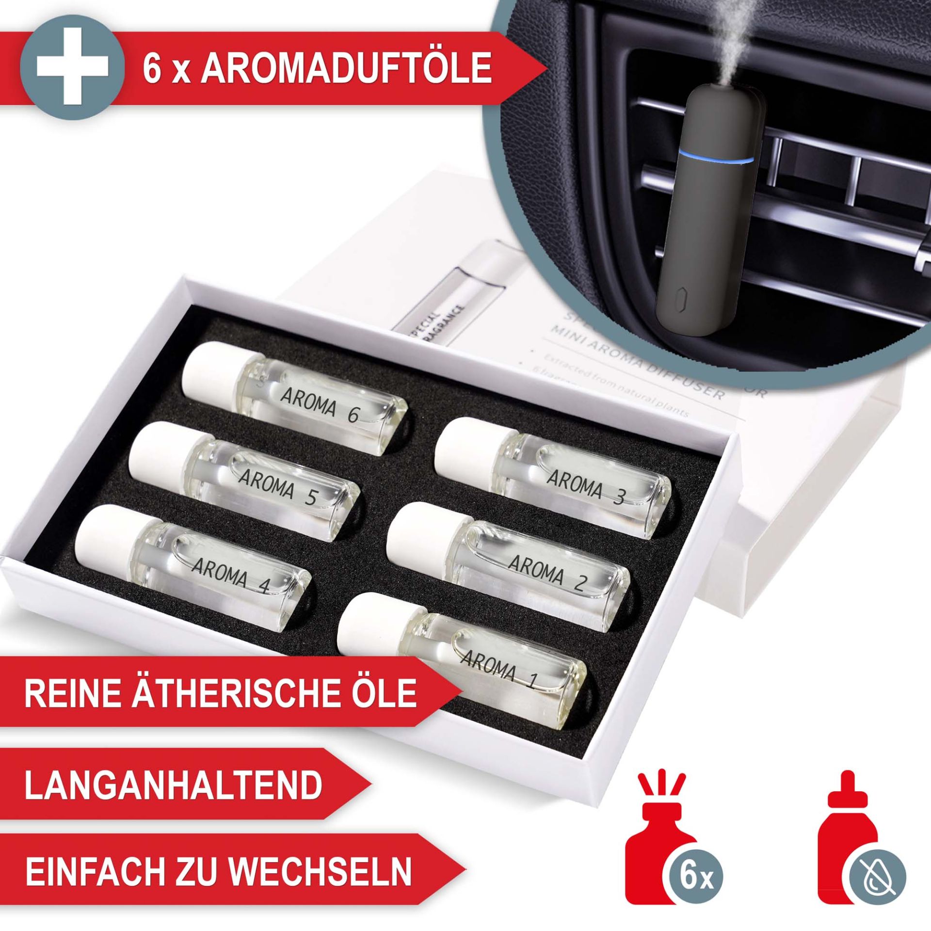 Aromadiffuser schwarz - 6 Aromaduftöle, reine ätherische Öle, einfach zu wechseln