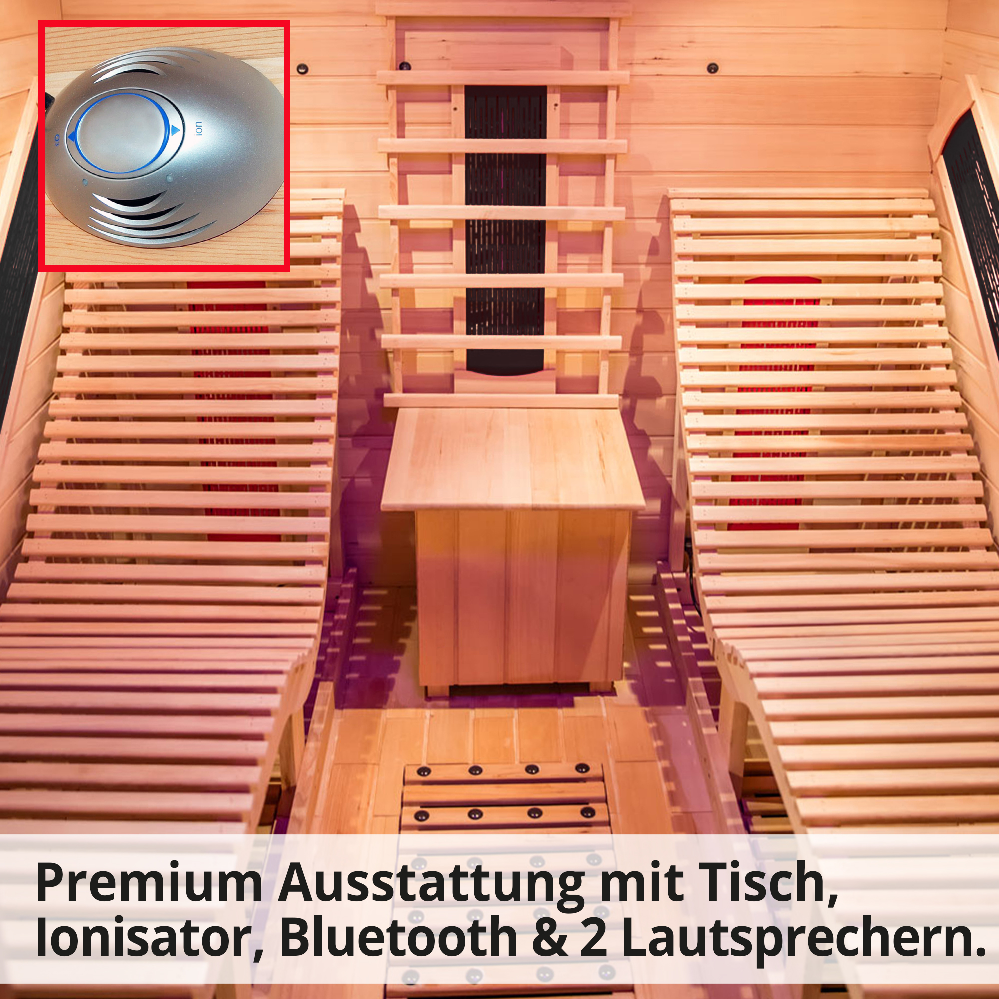 Hecht-Sauna mit hochwertiger Ausstatung Tisch,Ionisator und 2 Lautsprechern  (Dieses Bild wurde mit Hilfe von KI generiert.)