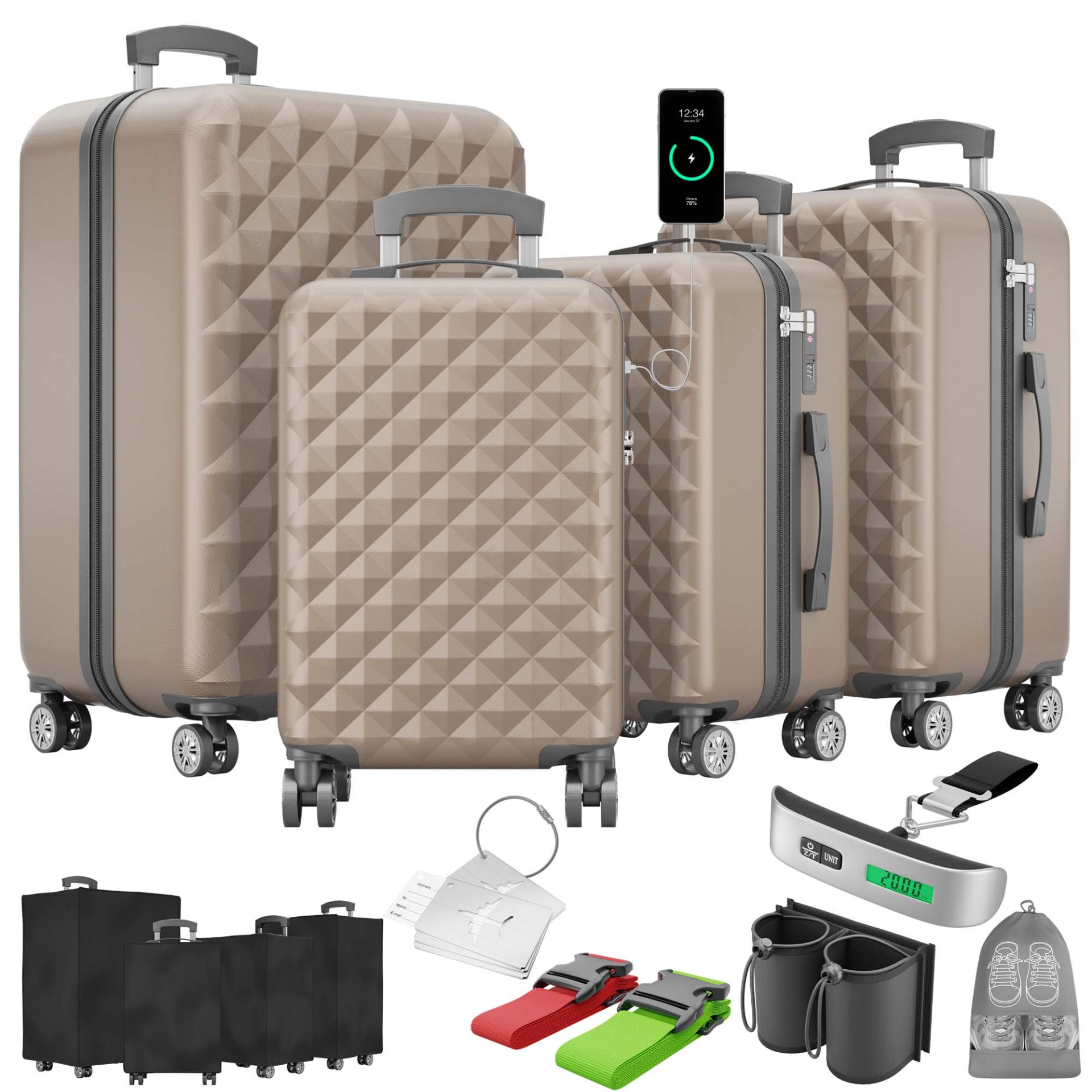 Hartschalenkofferset Champagner ONBEST Premium 4-teilig mit Zubehör und USB-Anschluss – robust, stapelbar & elegant