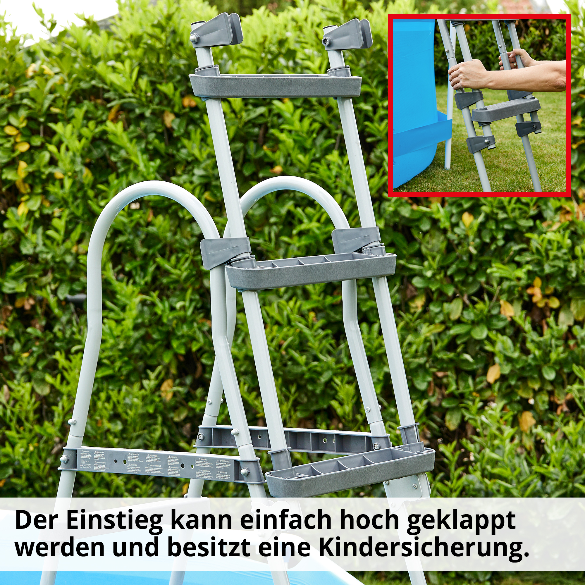 Hecht 00091 Sicherheits-Poolleiter; Der Einstieg kann einfach hoch geklappt werden und besitzt eine Kindersicherung