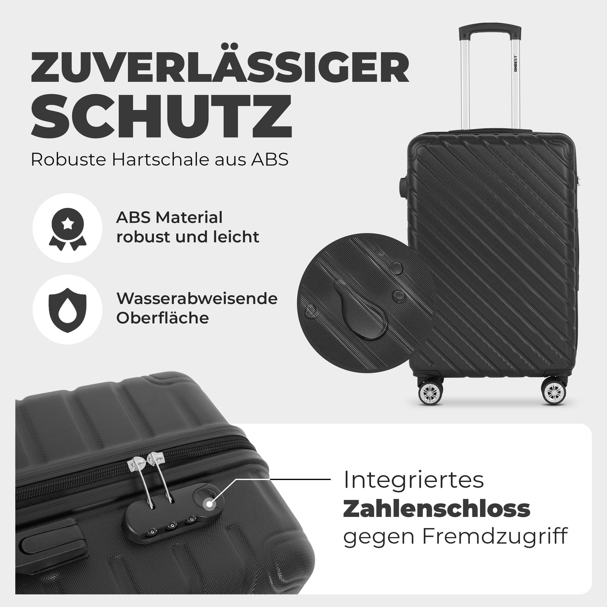ONBEST Koffer Premium Schwarz mit robuster ABS-Hartschale und Zahlenschloss