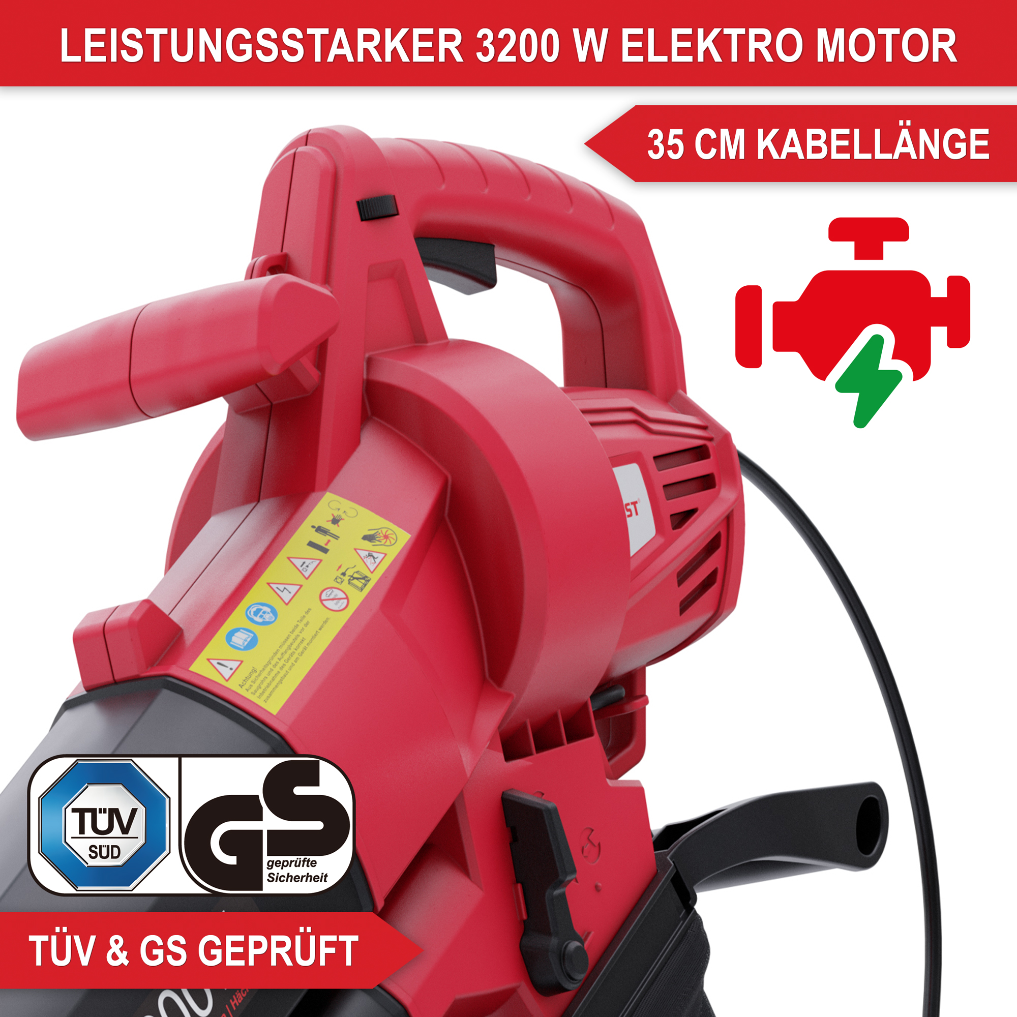 Elektro Laubsauger & Laubbläser LV3245 - Leistungsstarker Elektromotor; langes Kabel; TÜV und GS geprüft