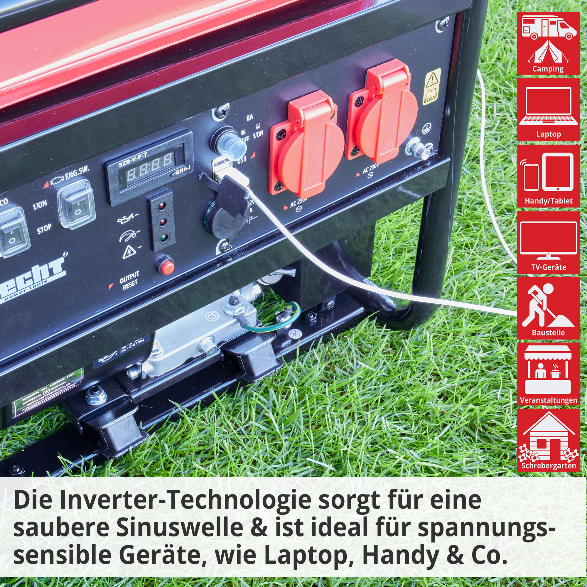 Hecht IG 3601 Inverter Benzin Notstromaggregat mit Inverter-Technologie für eine saubere Sinuswelle; Ideal für spannungssensible Geräte
