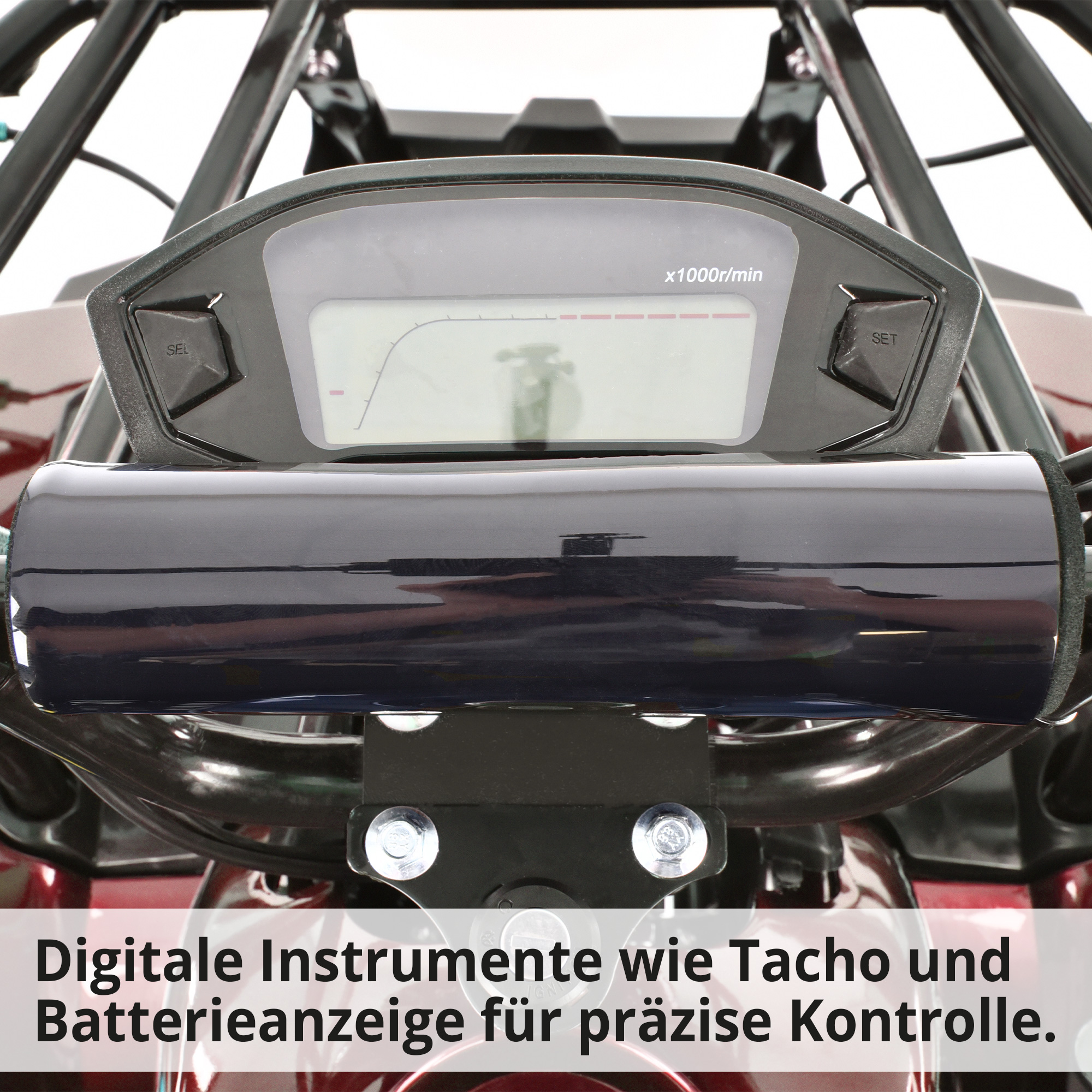 Quad red mit digitalen Instrumenten wie Tacho und Batterieanzeige für präzise Kontrolle