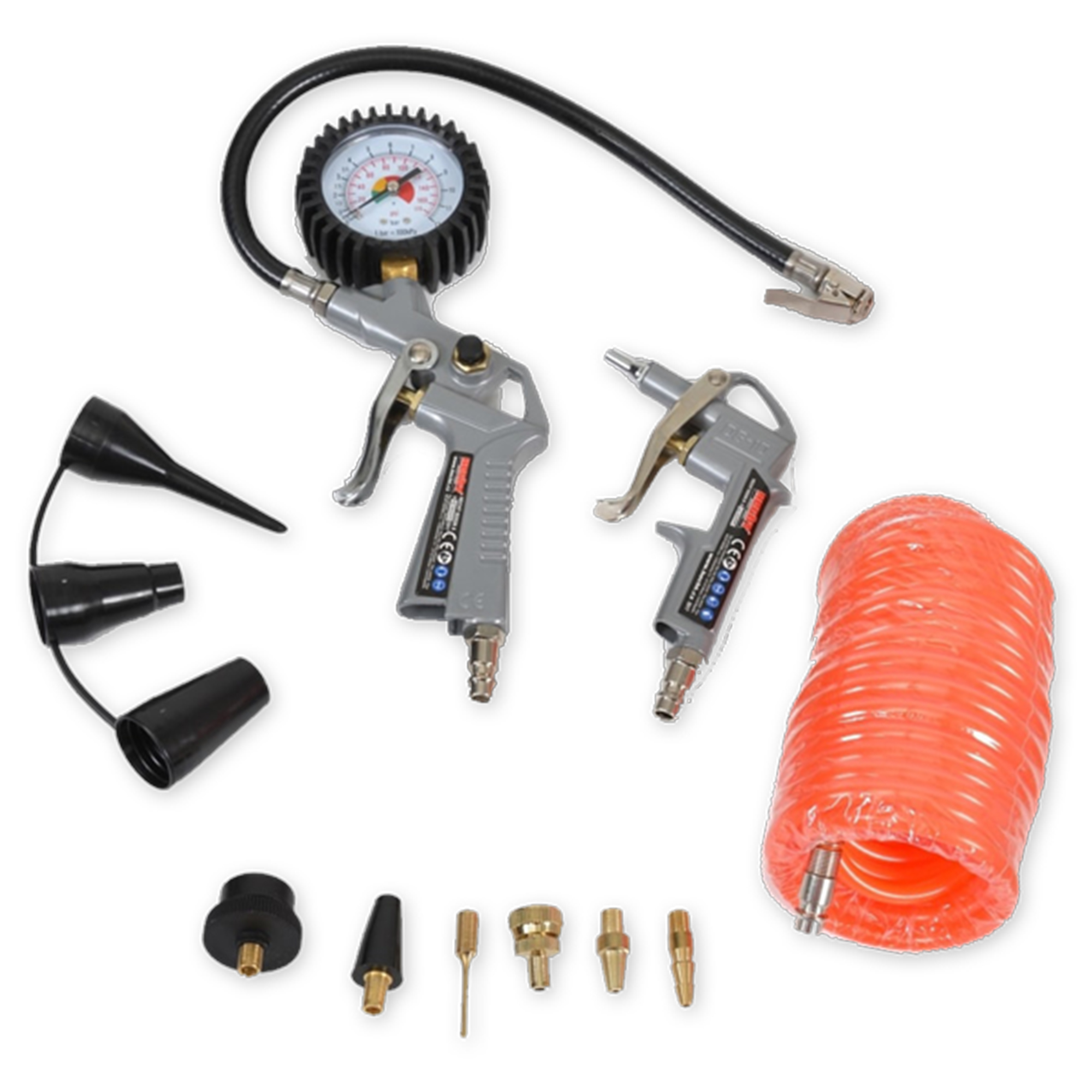 Hecht 002026 Kompressorzubehör mit 5 Meter Spiralschlauch, Druckpistolen mit und ohne Manometer und verschiedenen Adaptern