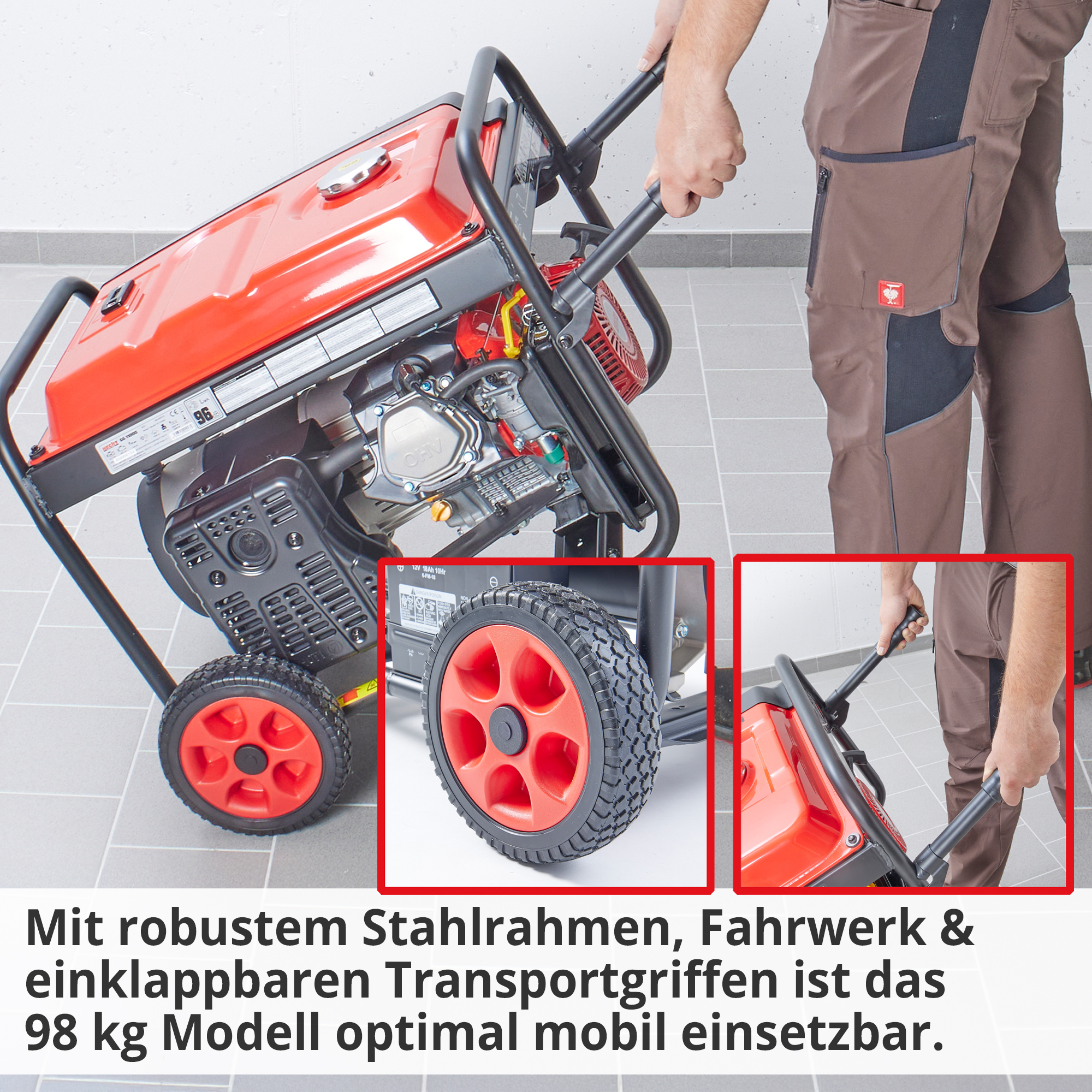 Hecht GG 11000 Notstromaggregat Benzin mit robustem Stahlrahmen, Fahrwerk und einklappbaren Transportgriffen ist das schwere Modell optimal mobil einsetzbar