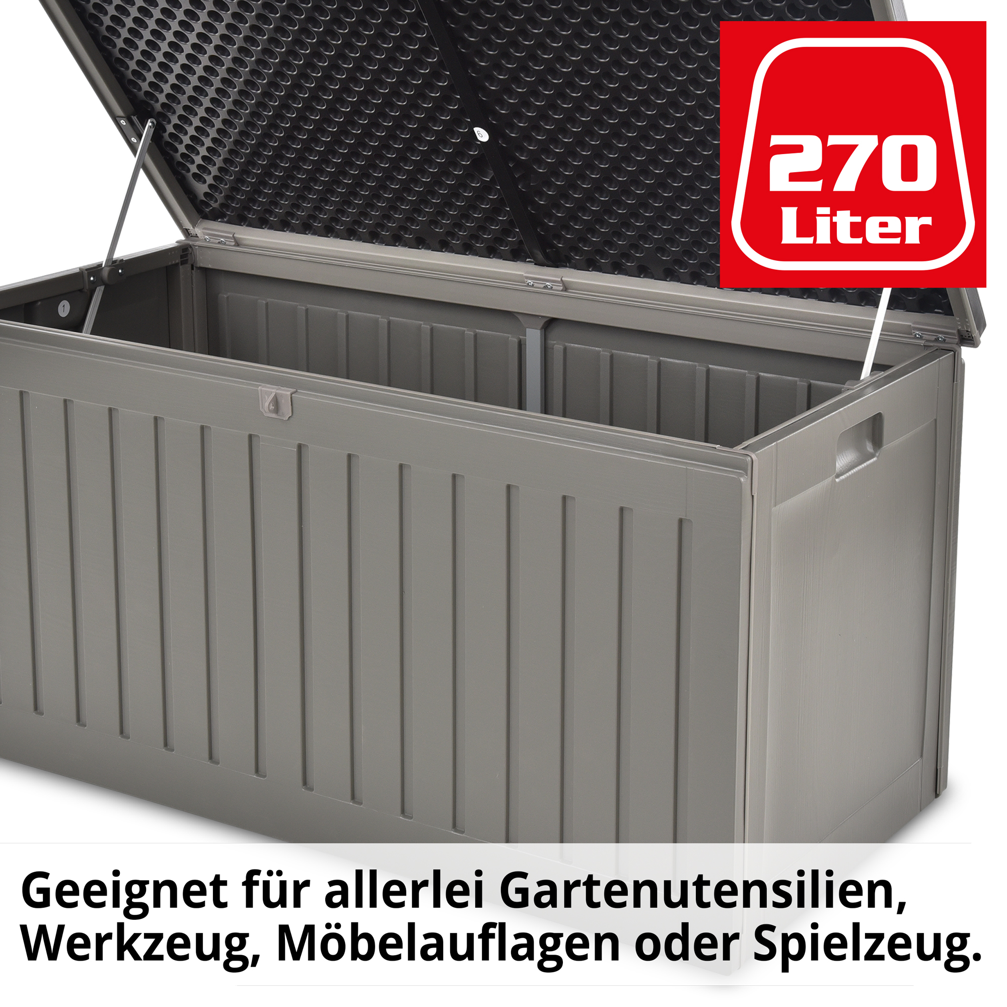 Hecht BOX L ist geeignet für allerlei Gartenutensilien, Werkzeug, Möbelauflagen oder Spielzeug
