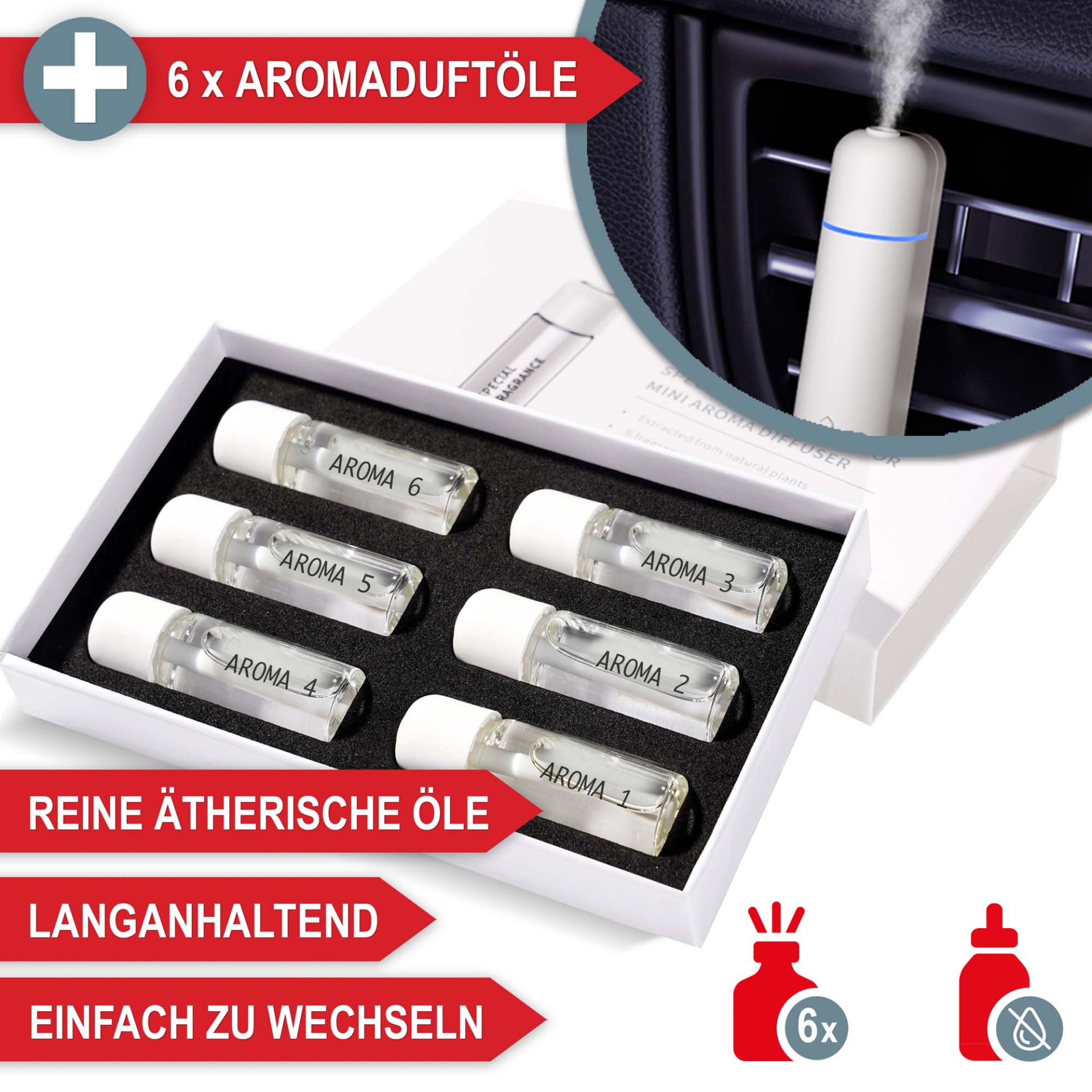 Aromadiffuser weiß - 6 Aromaduftöle, reine ätherische Öle, einfach zu wechseln