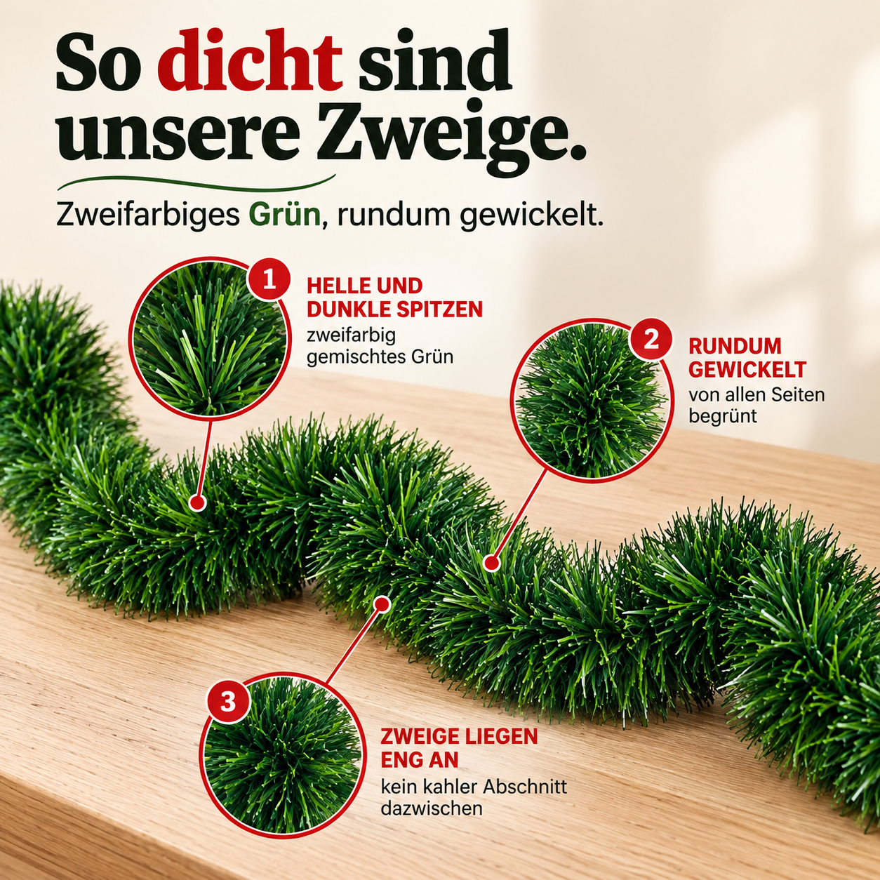 Dichte Weihnachtsgirlande: Zweifarbiges Grün rundum eng gewickelt (Dieses Bild wurde mit Hilfe von KI generiert.)