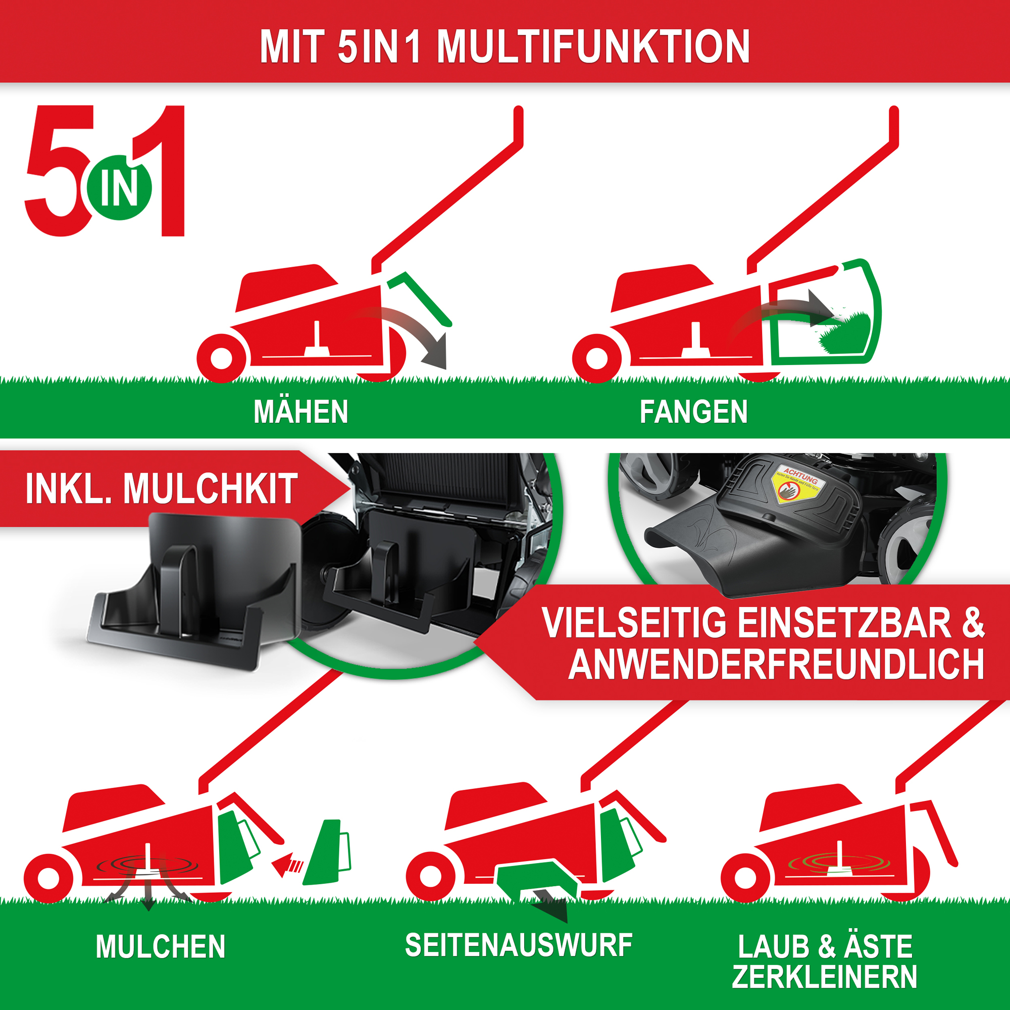 Rasenmäher Benzin TXC-3651 - Mit 5 in 1 Funktion; inklusive Mulchkit; Vielseitig einsetzbar und anwenderfreundlich; mulchen; Seitenauswurf; Laub und Äste zerkleinern