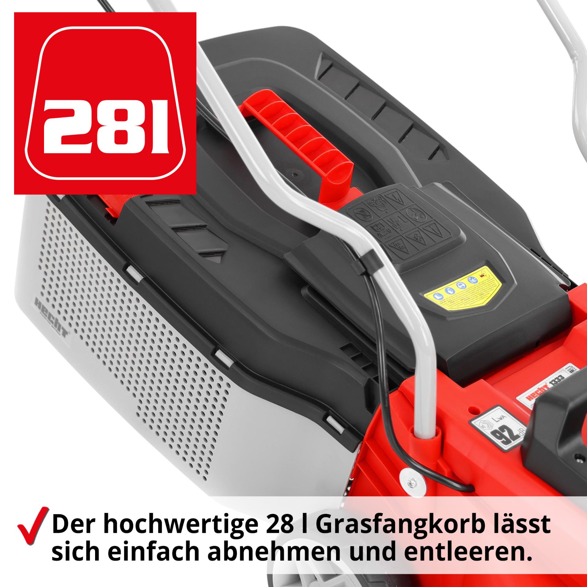 Elektro-Rasenmäher mit stabilen 28 Liter Grasfangkorb 