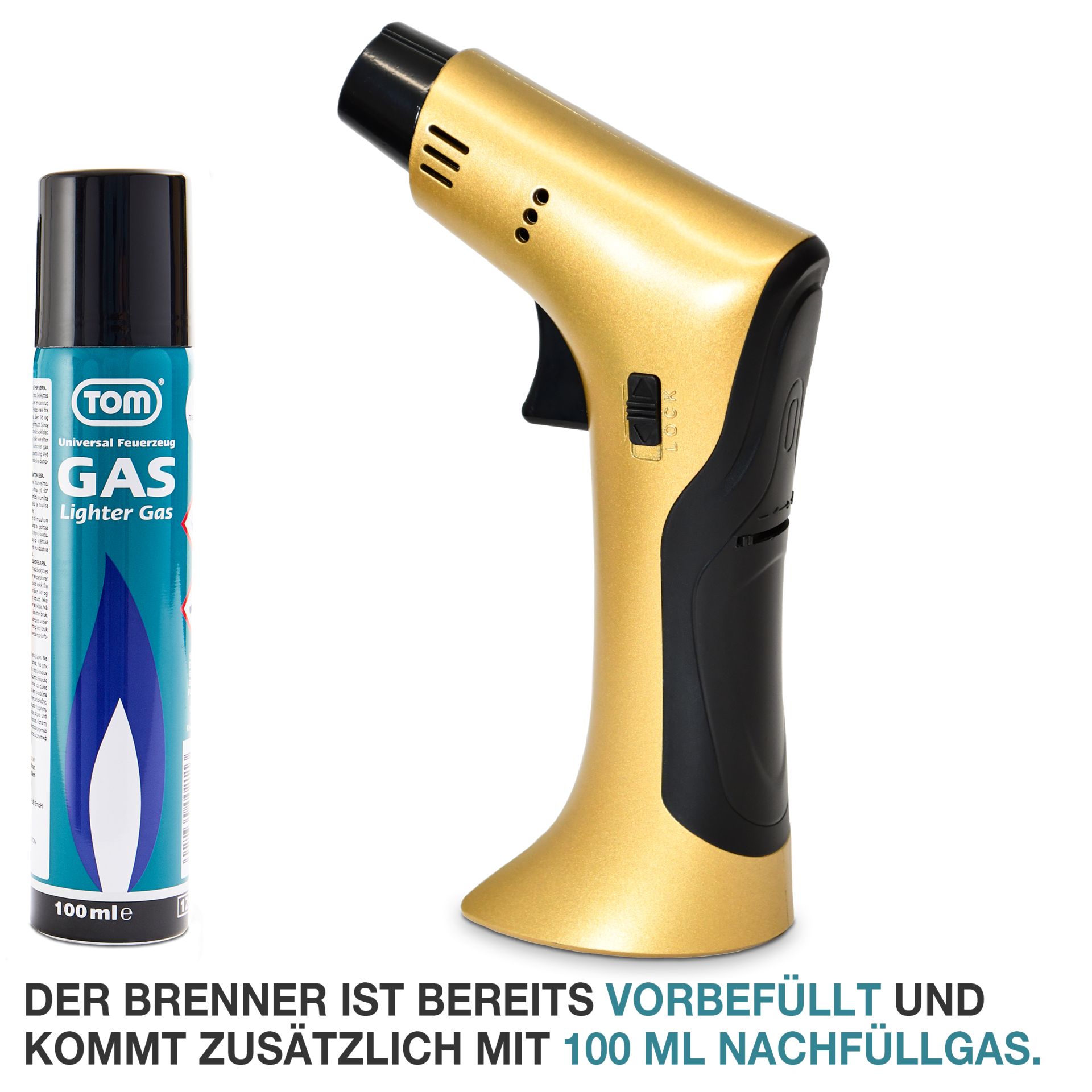 TOM Jetbrenner GB-500; vorbefüllter Brenner + 100 Milliliter Nachfüllgas im Lieferumfang