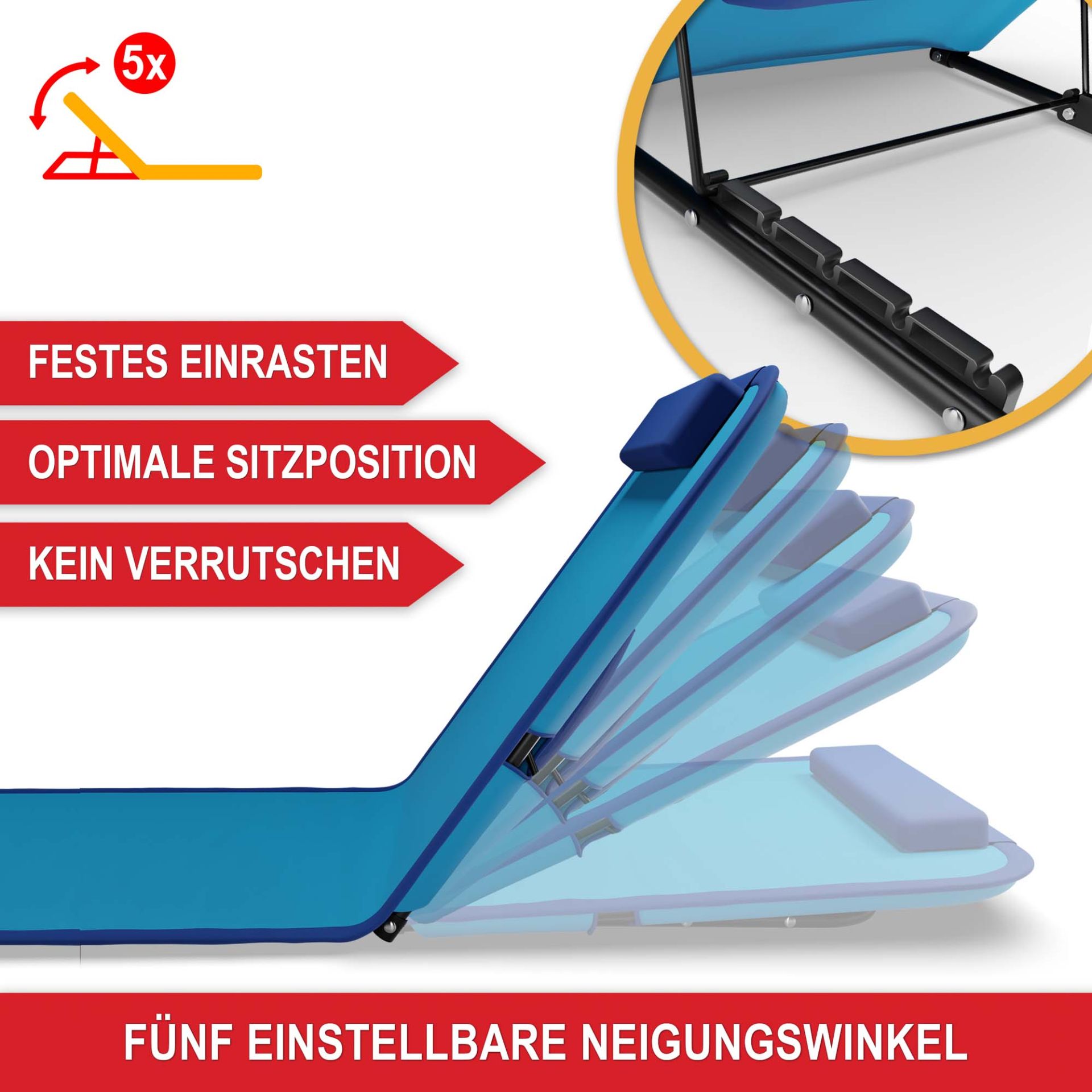 Strandliege blau - Festes einrasten, optimale Sitzposition, kein Verrutschen, 5 einstellbare Neigungswinkel Strandliege blau - Festes einrasten, optimale Sitzposition, kein Verrutschen, 5 einstellbare Neigungswinkel