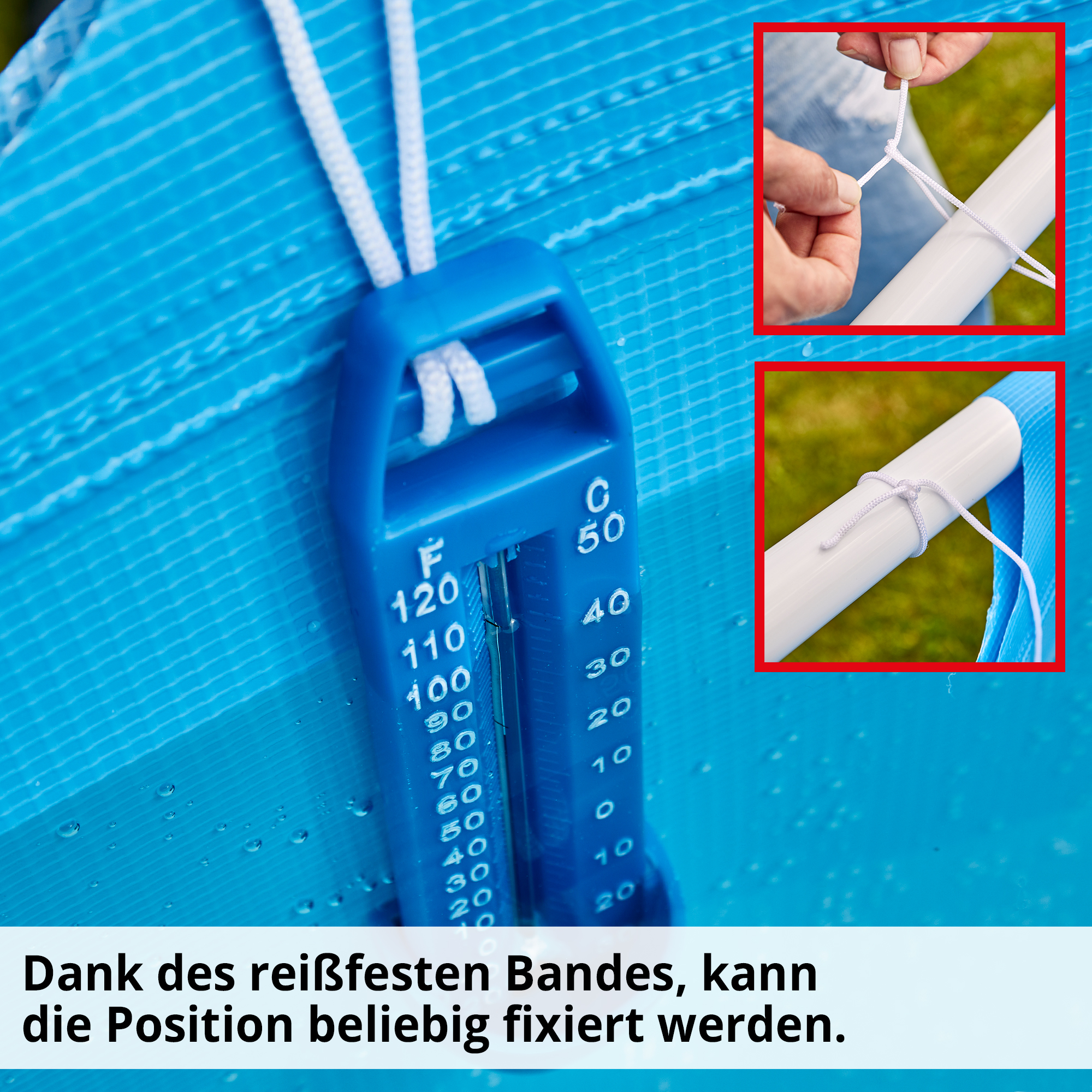 Wasser Thermometer kann beliebig fixiert werden, dank reißfestem Band