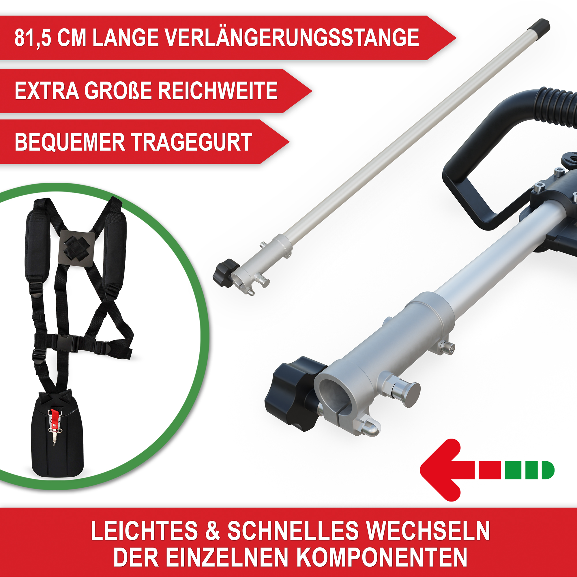 Multitool Benzin 4in1 1452 mit 81,5cm lange Verlängerungsstange, extra große Reichweite, bequemer Tragegurt; leichtes und schneller wechseln der einzelnen Komponenten