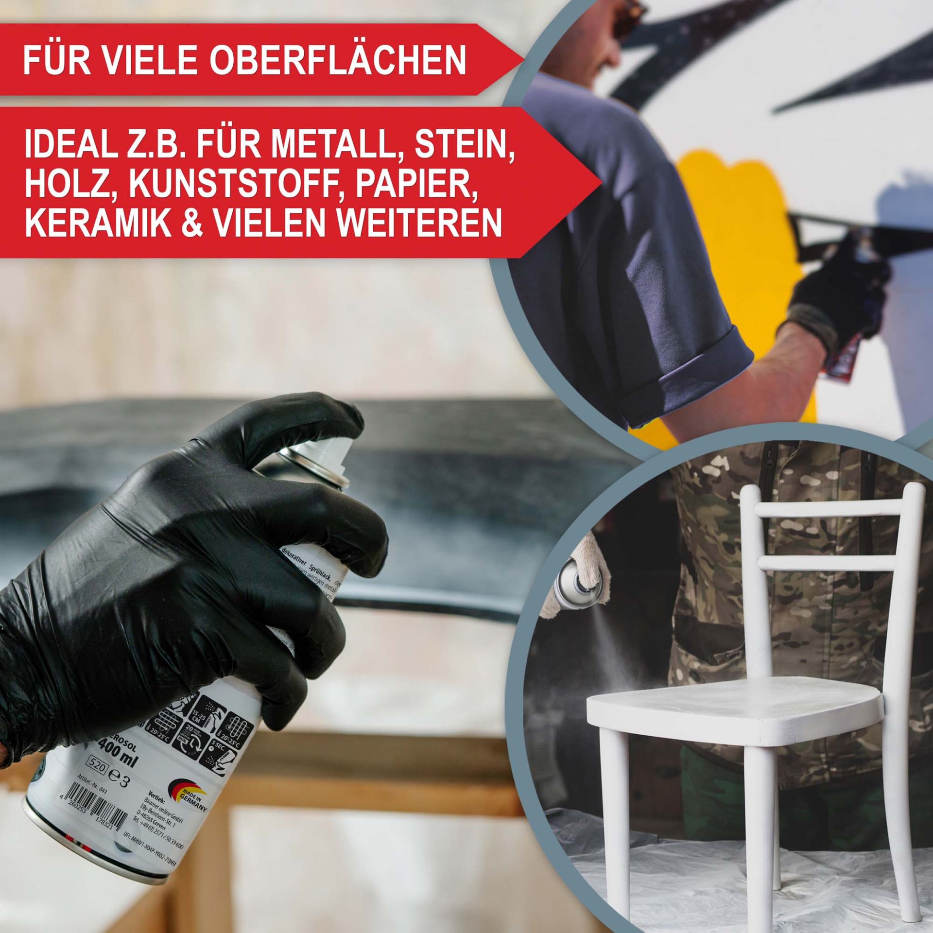 Lackspray Gold- Für viele Oberflächen geeignet, Ideal für Metall, Stein, Holz, Kunststoff, Papier, Keramik und vielen weiteren