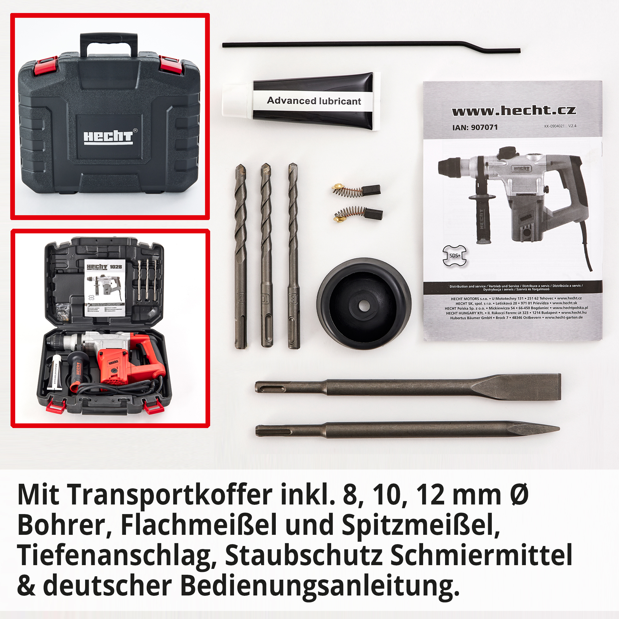 HECHT 1028 Bohrhammer; Mit Transportkoffer inklusive 8, 10, 12 Millimeter bohrer, Flachmeißel und Spitzmeißel 
