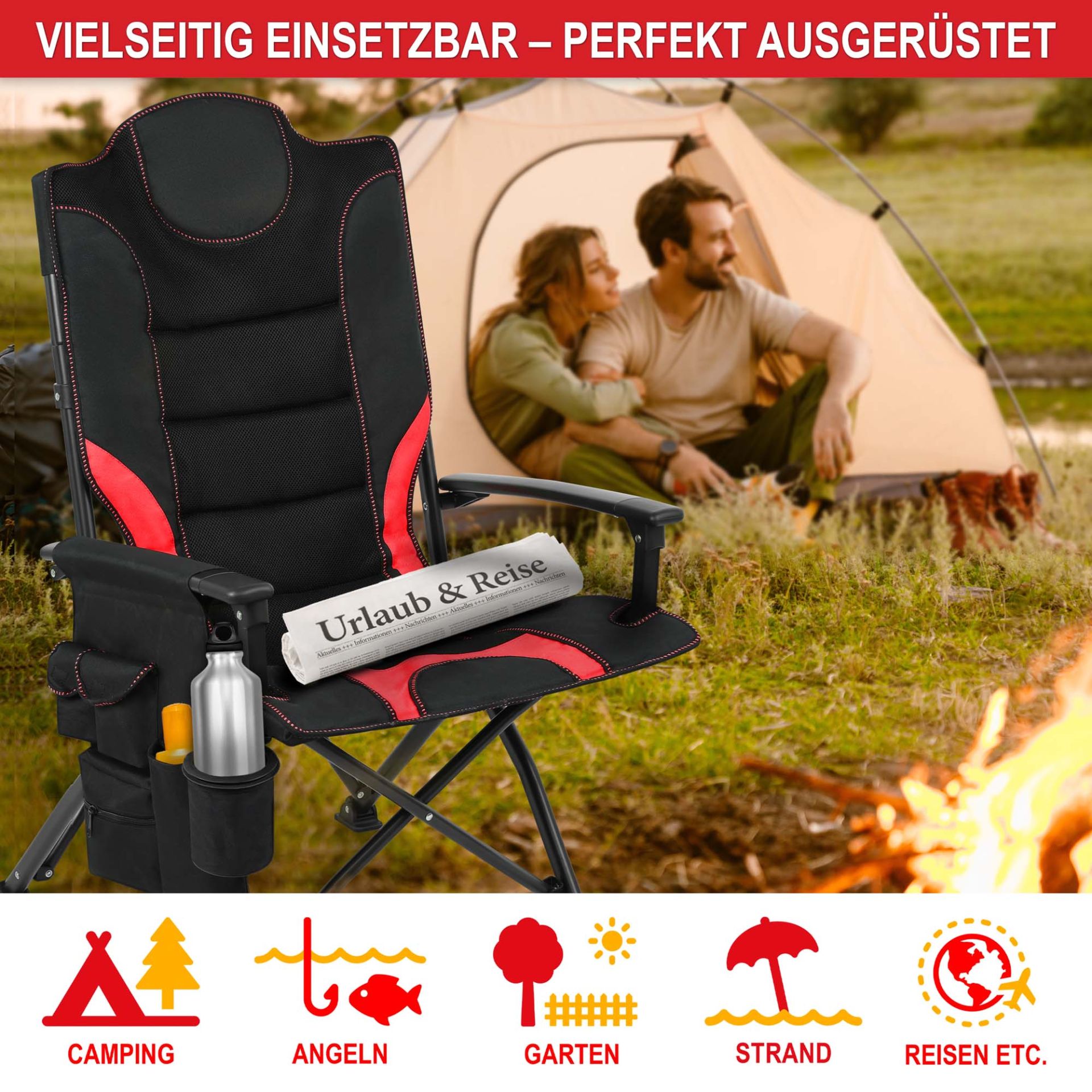 Campingstuhl schwarz/rot - Vielseitig Einsetzbar, perfekt Ausgerüstet