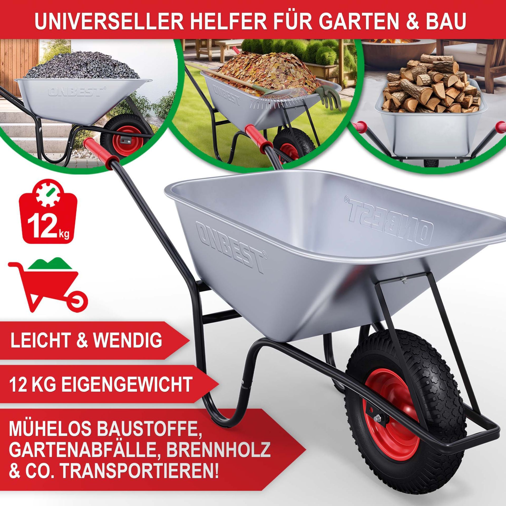 Schubkarre - Universeller Helfer für Garten und Bau, leicht und wendig, kleines Eigengewicht, mühelos Baustoffe, Gartenabfälle, Brennholz und weiteres transportieren