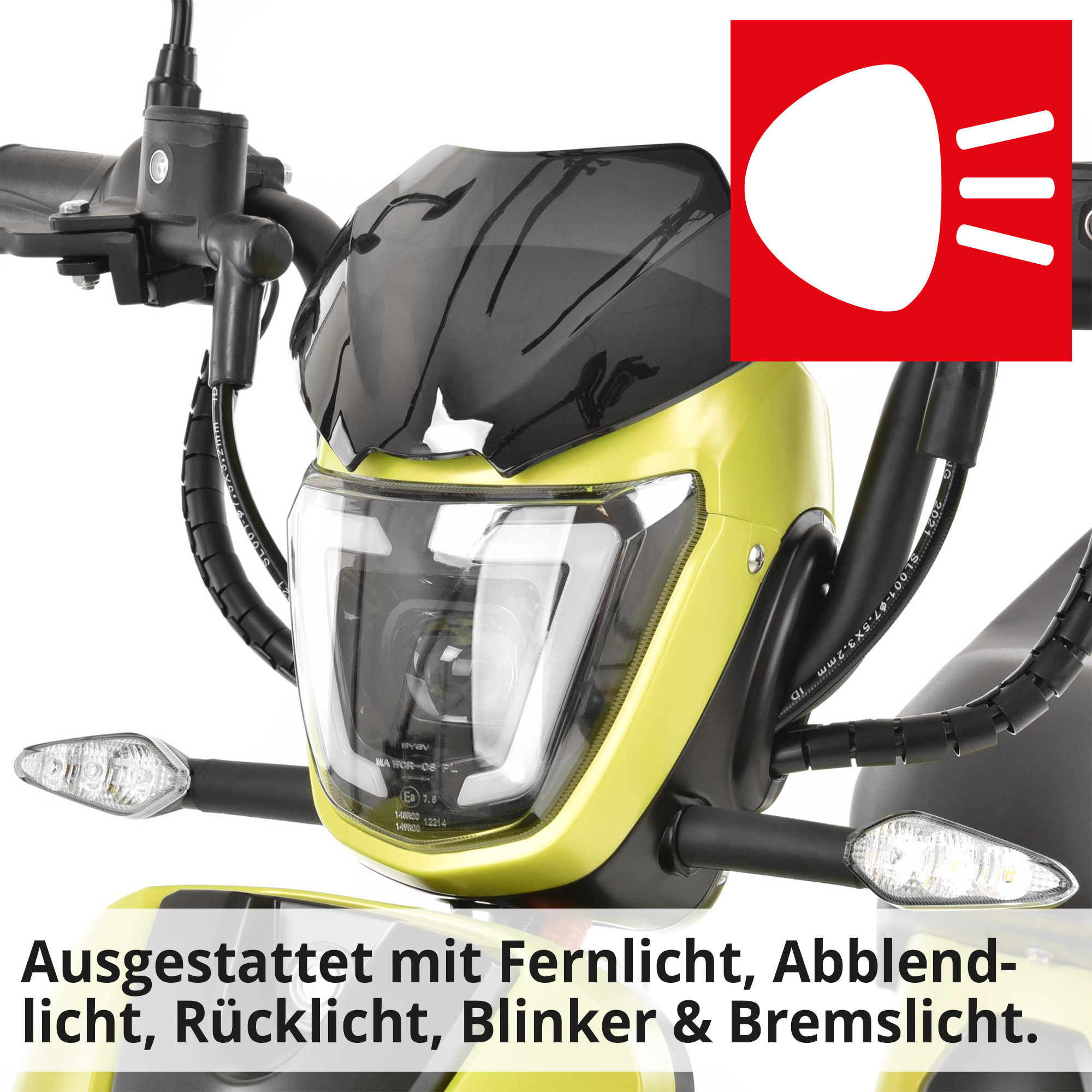 Hecht BETIS Green E-Mofa ausgestattet mit Fernlicht, Abblendlicht, Rücklicht, Blinker und Bremslicht