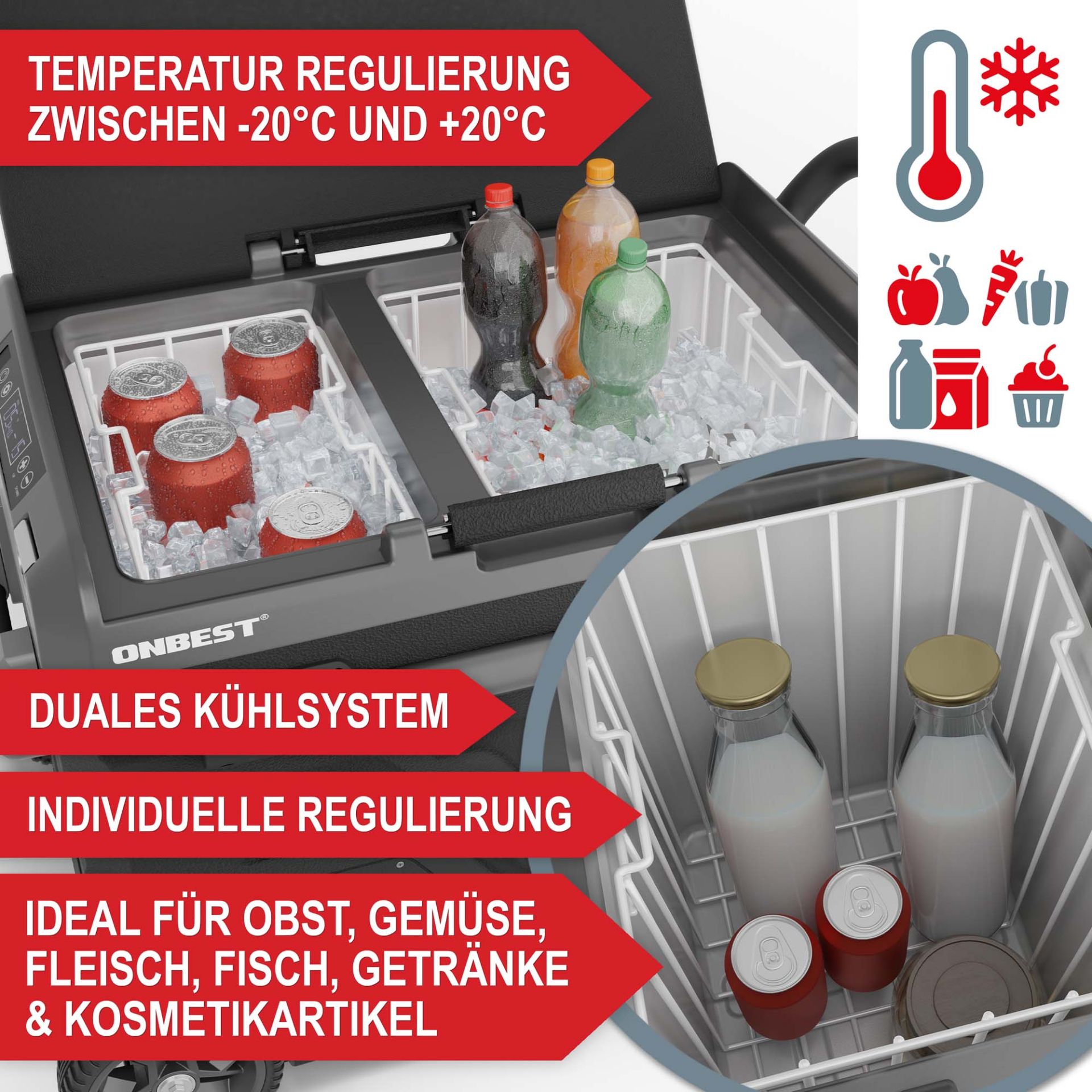 Kompressor Kühlbox 40L - Temperatur Regulierung zwischen -20 Grad und +20 Grad; duales Kühlsystem; individuelle Regulierung; ideal für Obst, Gemüse, Fleisch, Fisch, Getränke und Kosmetikartikel