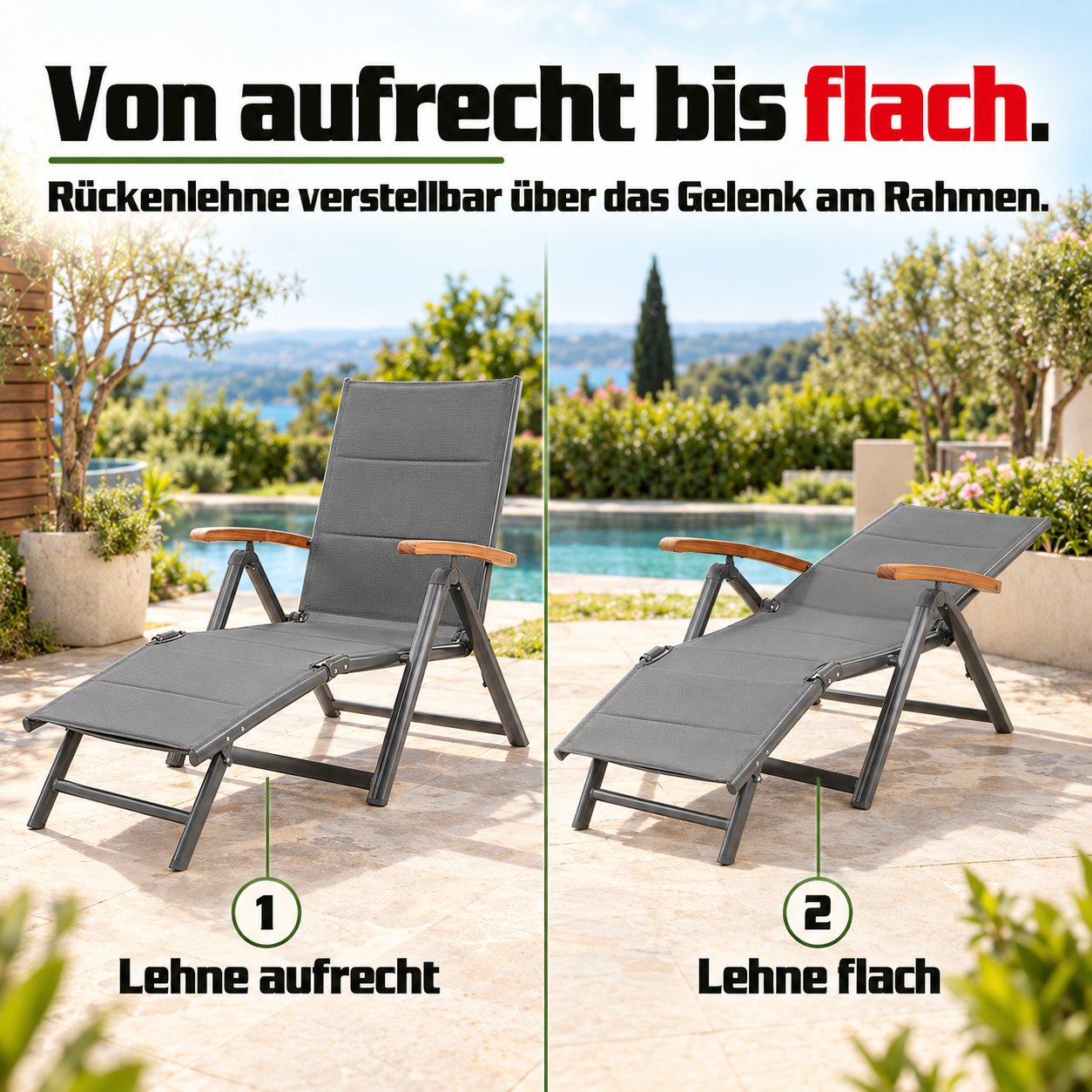 Gartenliege HECHT Montana: Lehne von aufrecht bis flach verstellbar (Dieses Bild wurde mit Hilfe von KI generiert.)