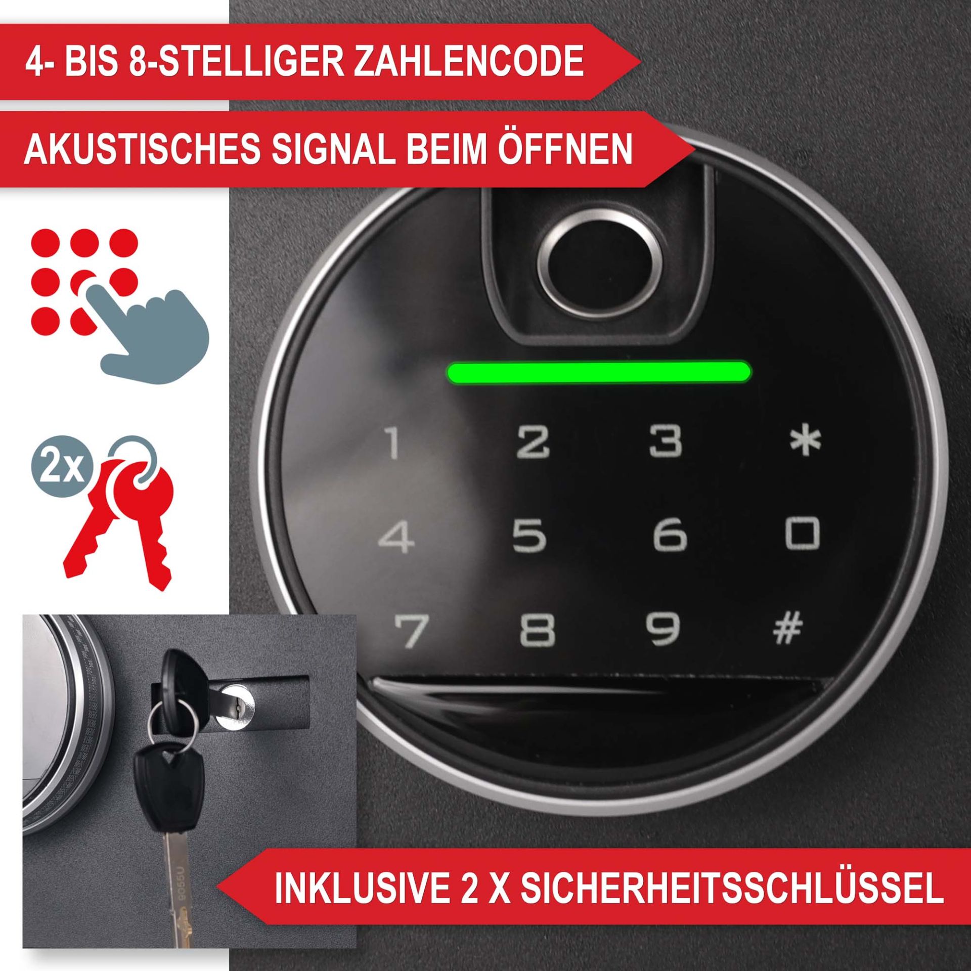 Möbeltresor M - 4 bis 8 stelliger Zahlencode, akustisches Signal beim öffnen, inklusive 2 Sicherheitsschlüsseln
