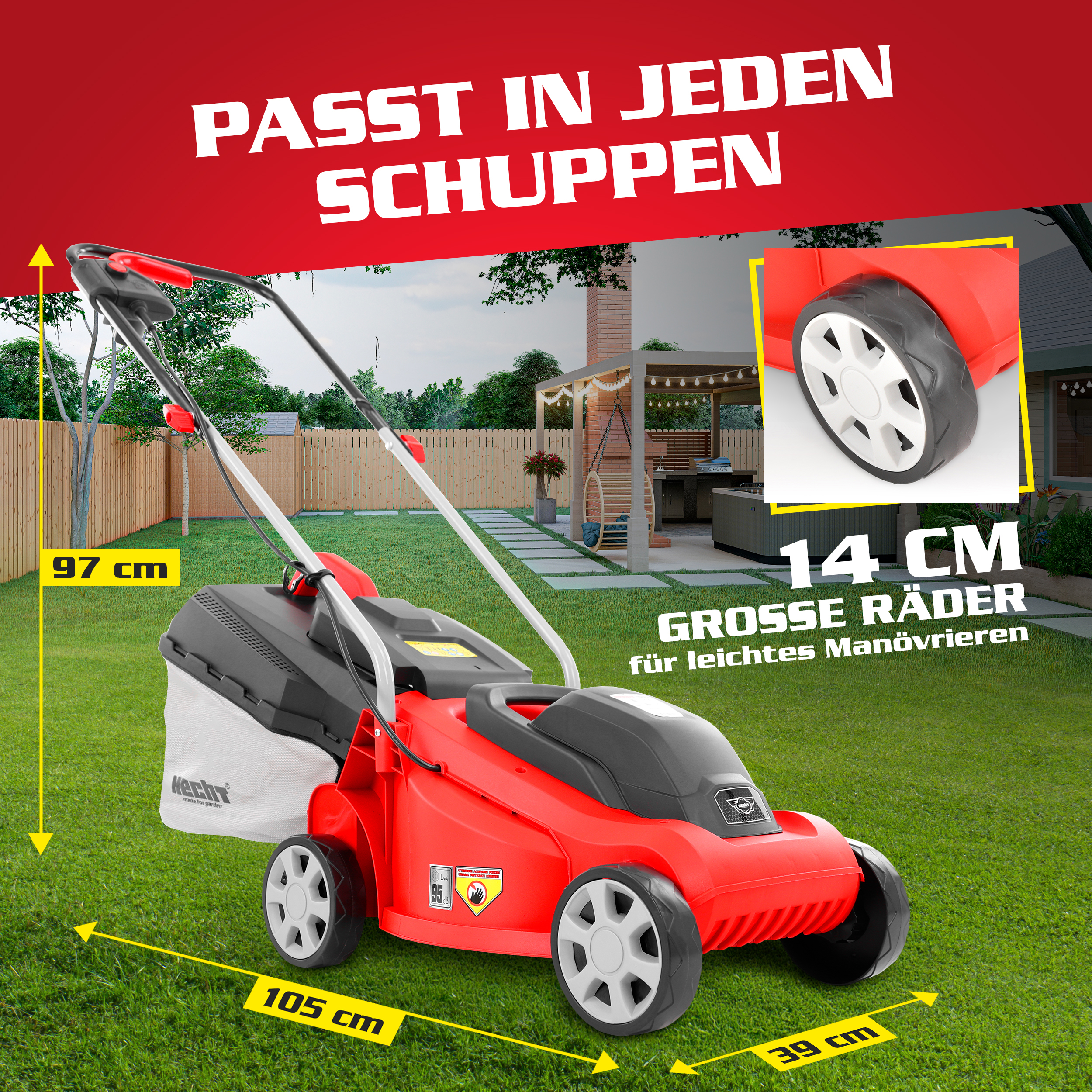 Rasenmäher Elektro HECHT 1233 kompakt und einfach zu verstauen