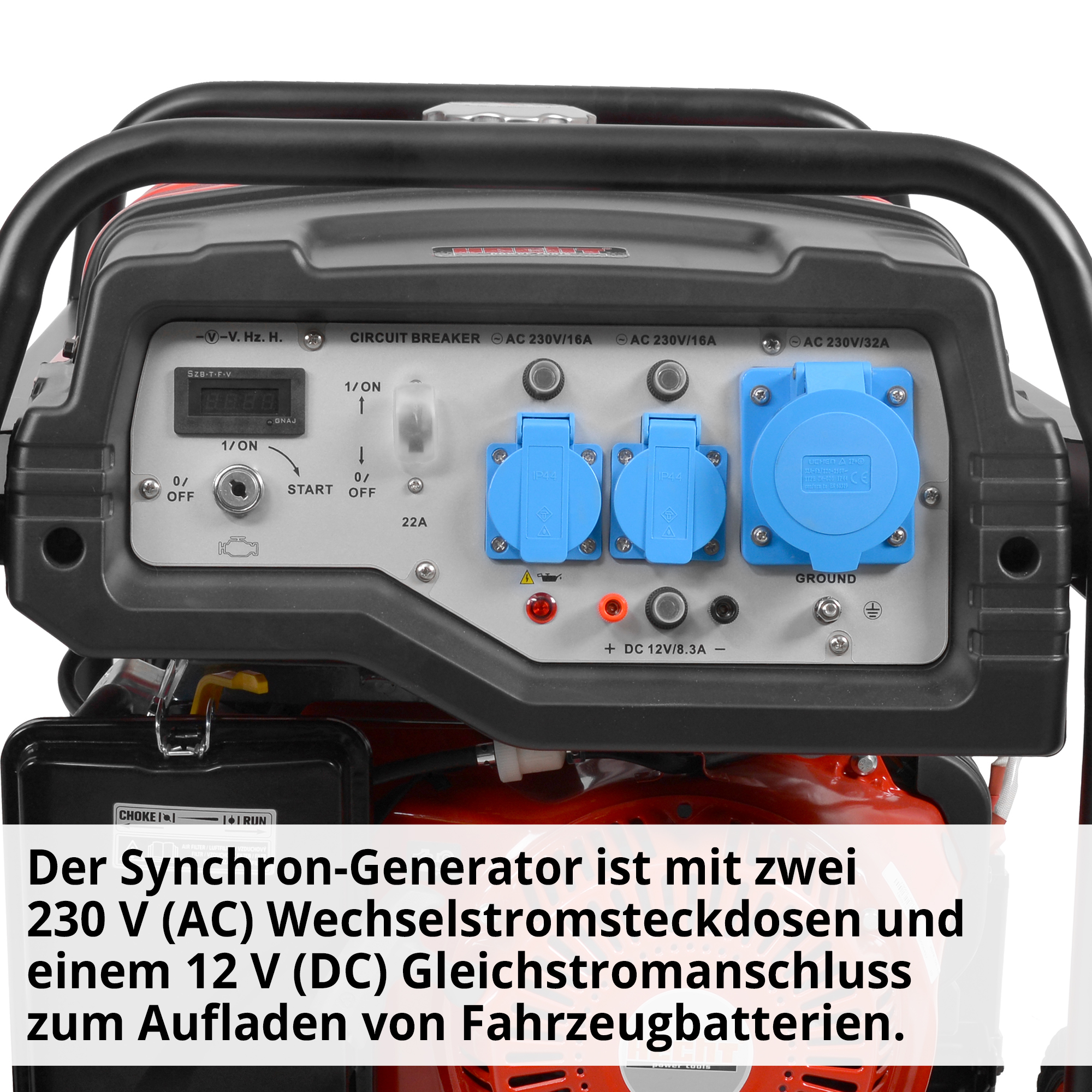 Stromgenerator; Synchron-Generator mit zwei 230 Volt Wechselstromsteckdosen und einem 12 Volt Gleichstromanschluss