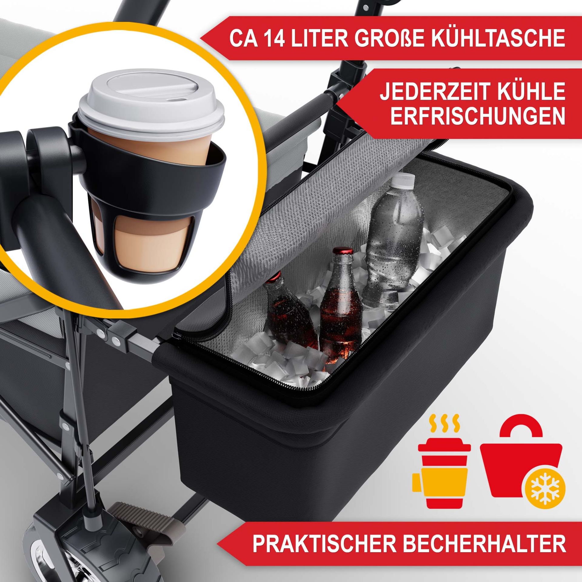 Bollerwagen mit Dach schwarz - Große Kühltasche, jederzeit kühle Erfrischungen, praktischer Becherhalter