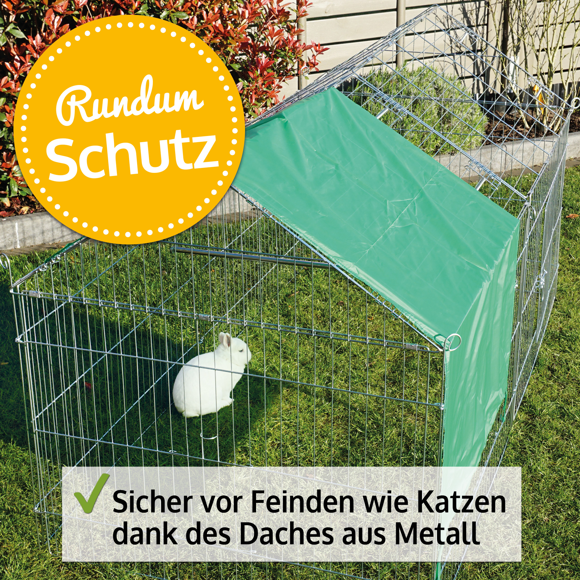 Freigehege mit Metalldach schützt Kaninchen sicher vor Katzen und Greifvögeln Freigehege mit Metalldach schützt Kaninchen sicher vor Katzen und Greifvögeln