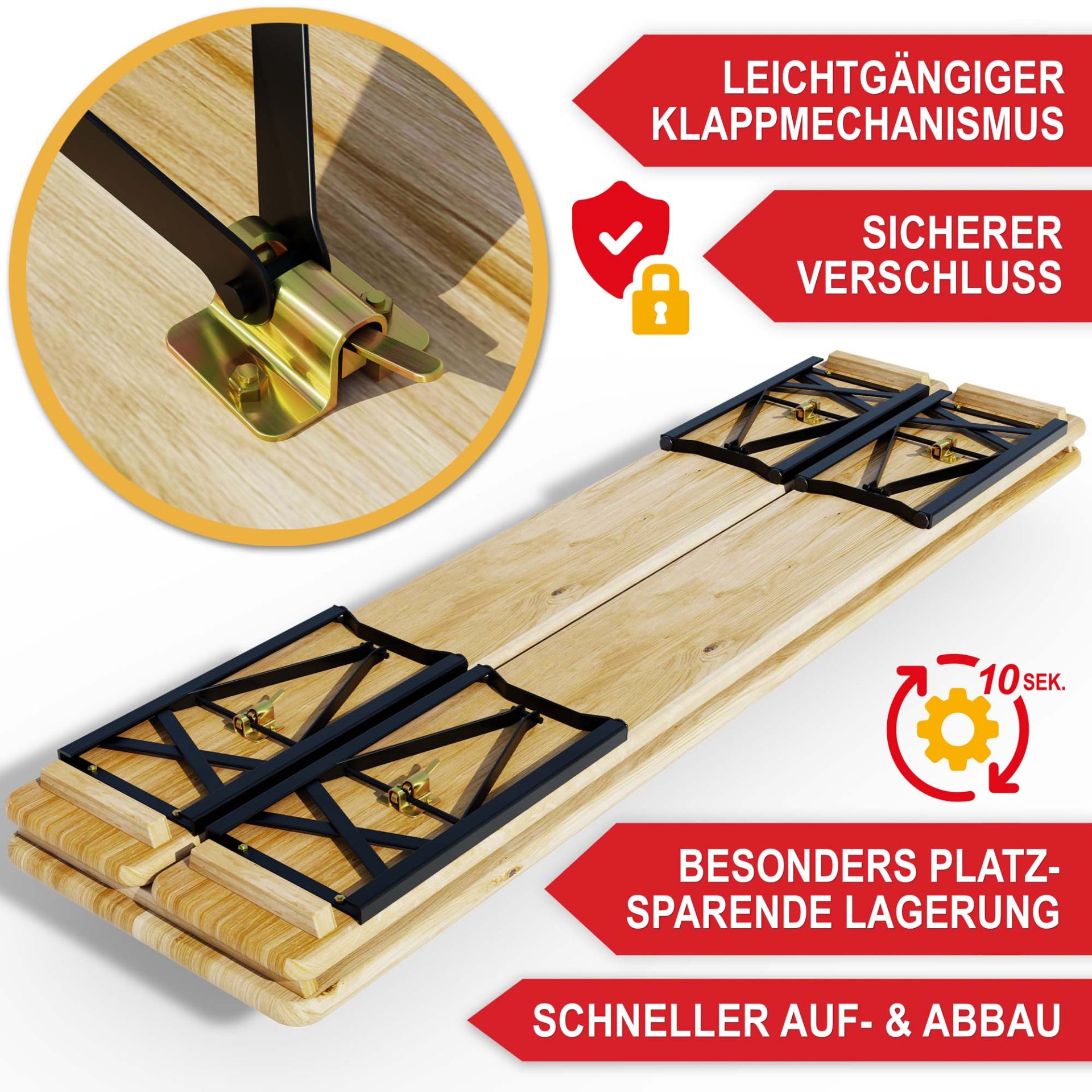 Bierzeltgarnitur Bavaria - leichtgängiger Klappmechanismus, sicherer Verschluss, besonders platzsparende Lagerung, schneller Auf- und Abbau
