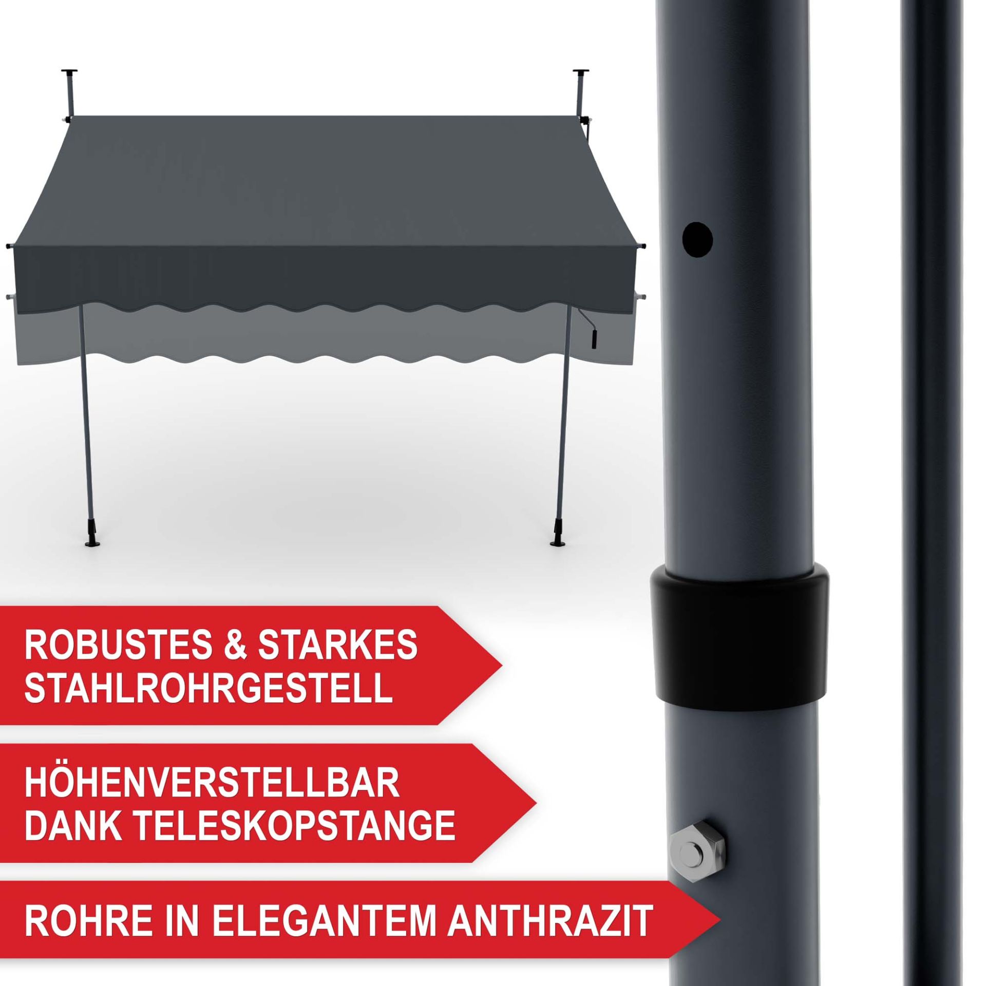 Balkonmarkise M Anthrazit - robustes und starkes Stahlrohrgestell, höhenverstellbar dank Teleskopstange, Rohre in elegantem Anthrazit