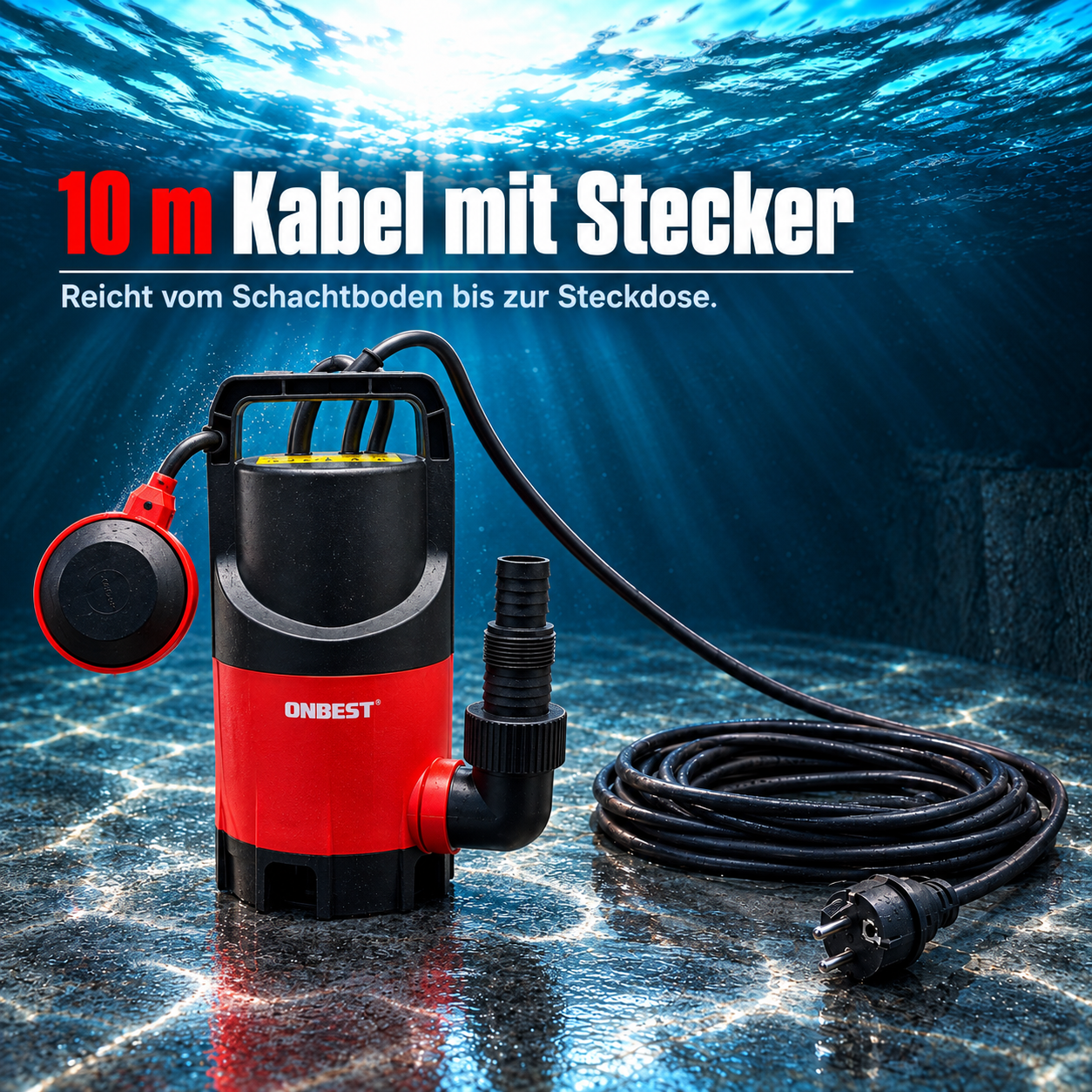 ONBEST Tauchpumpe: Langes 10 m Kabel reicht vom Schacht bis zur Steckdose (Dieses Bild wurde mit Hilfe von KI generiert.)