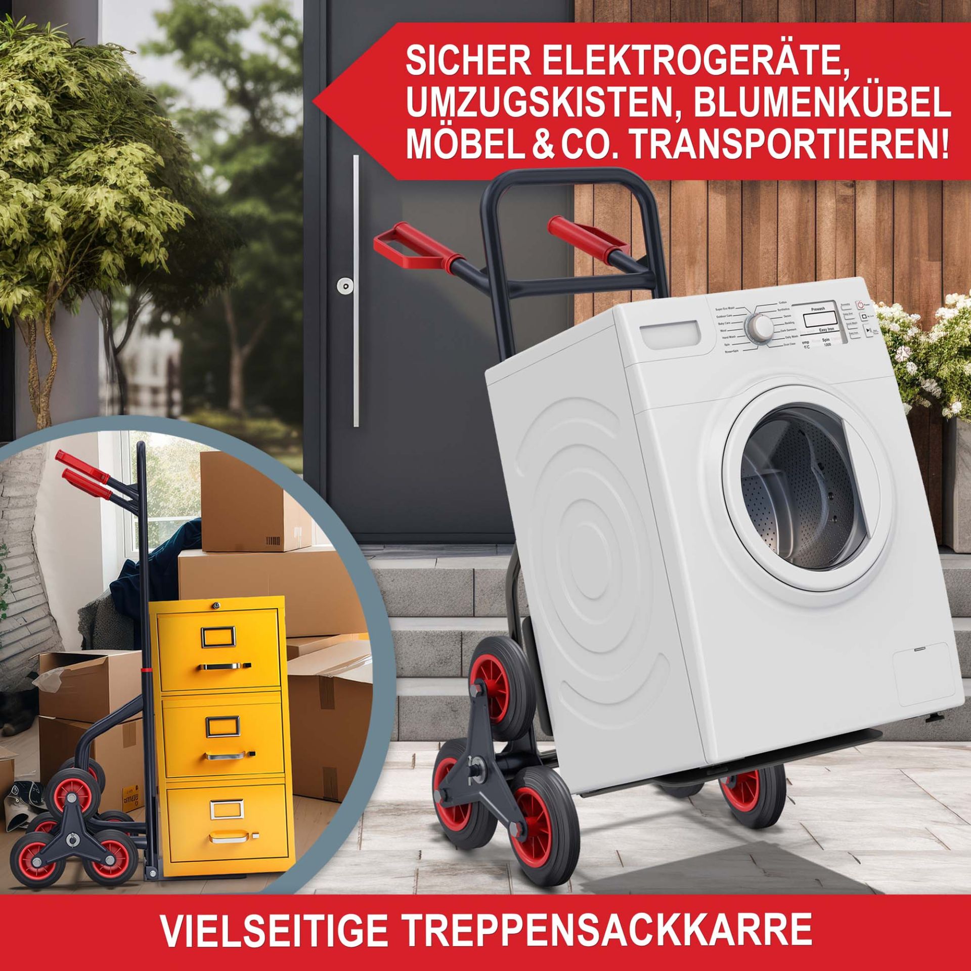 Treppensackkarre klappbar - sicher Elektrogeräte, Umzugskisten, Blumenkübel, Möbel und weiteres transportieren