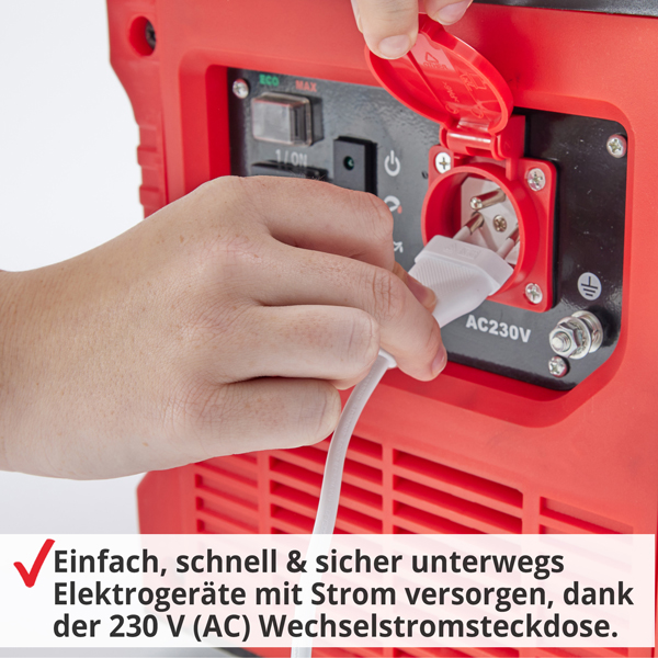 Inverter Benzin Notstromaggregat; Einfach, schnell und sicher unterwegs Elektrogeräte mit Strom versorgen, dank der 230V Wechselstromsteckdose