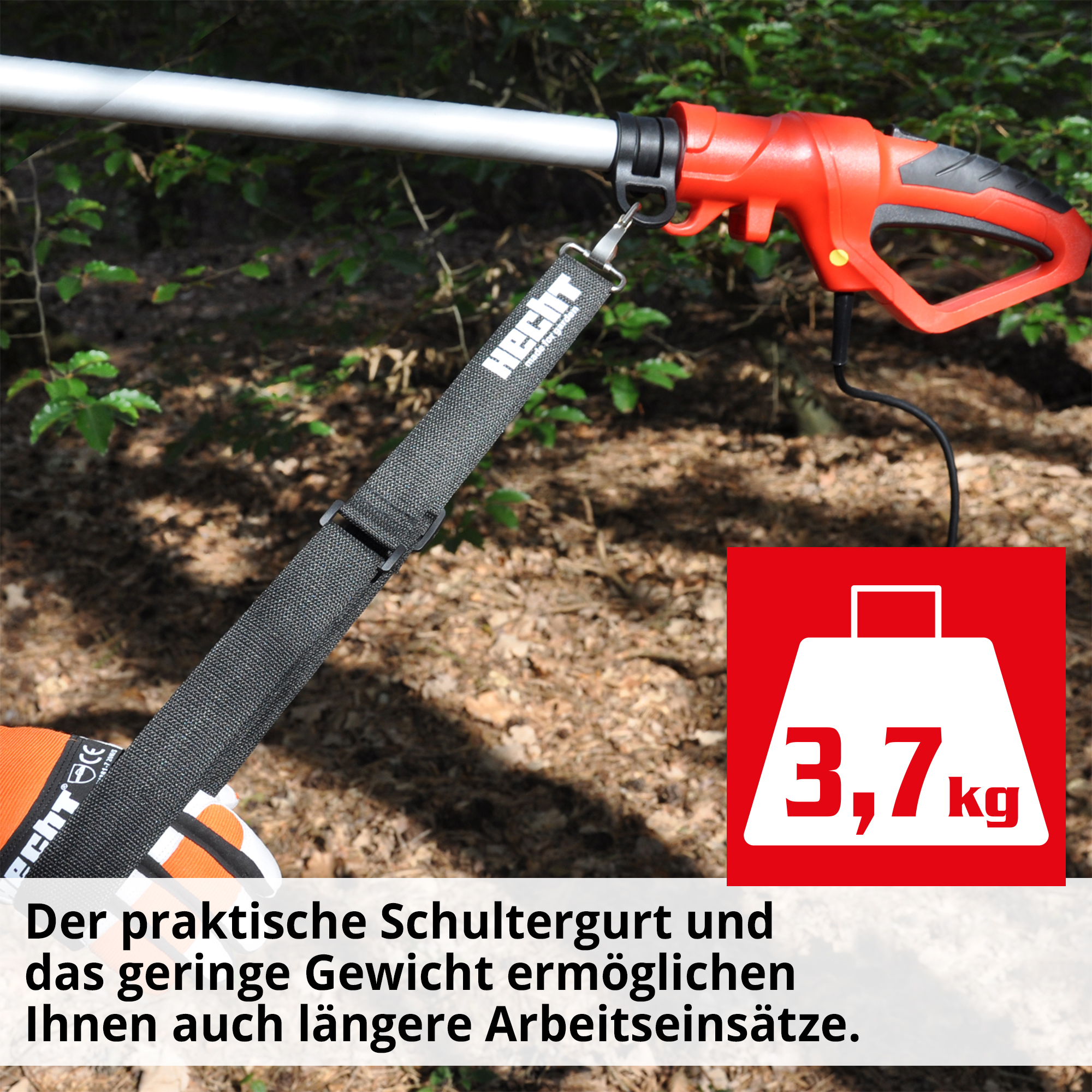 Hochentaster; Das geringe Gewicht von 3,7 Kilogramm und der Schultergurt ermöglichen längere Arbeitseinsätze