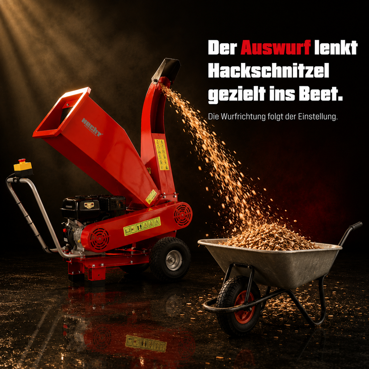 HECHT Benzin-Häcksler befüllt dank Auswurfschacht Schubkarren gezielt (Dieses Bild wurde mit Hilfe von KI generiert.)