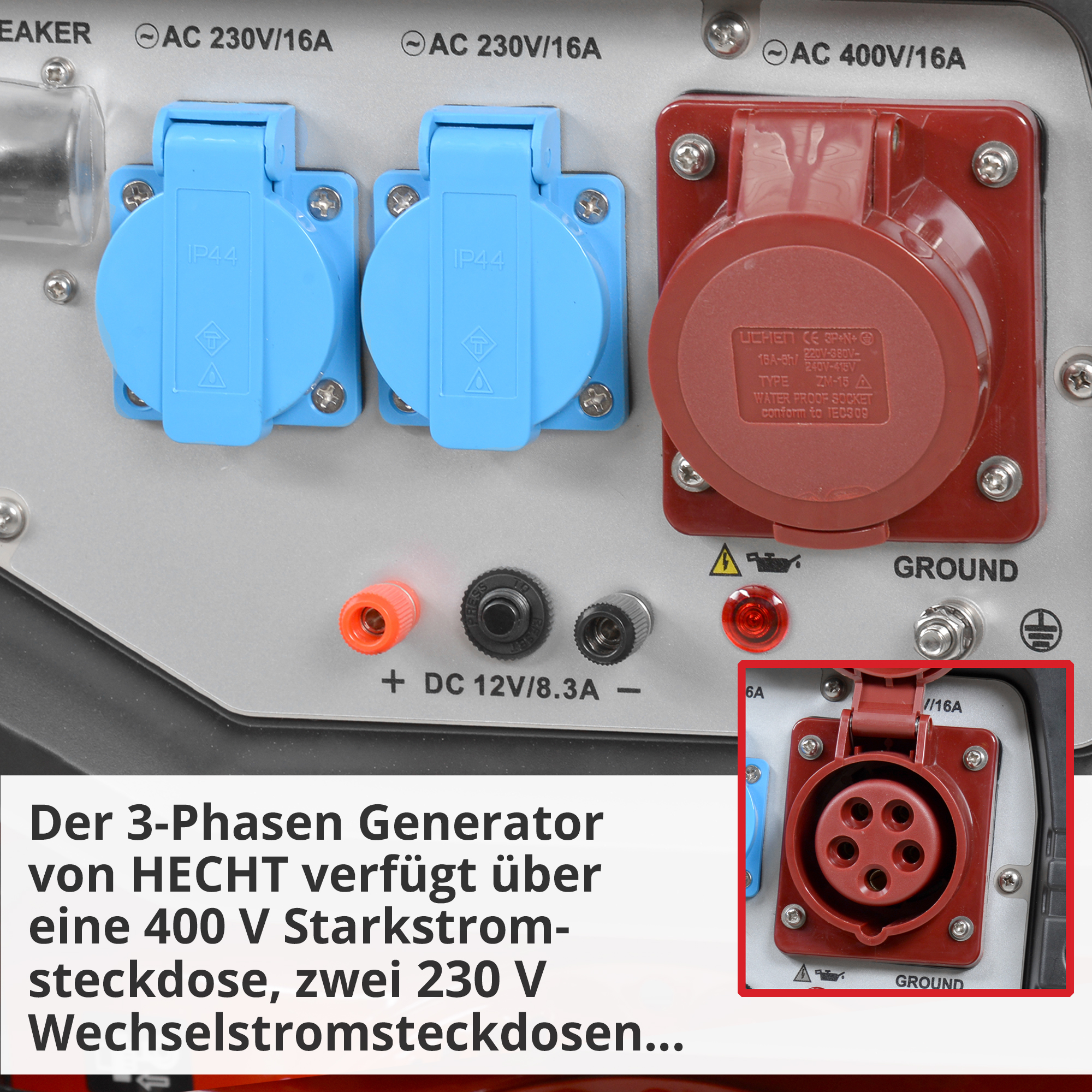 Stromgenerator HECHT mit Starkstromanschluss – 400 V und 2×230 V Steckdosen