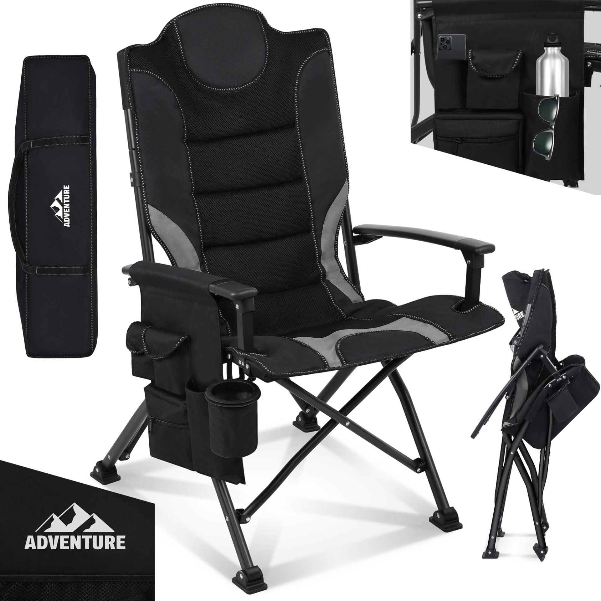 Campingstuhl schwarz/ grau - Rückenlehne mit Netztasche und großem Reißverschlussfach, robustes Gestell, sicherer Stand