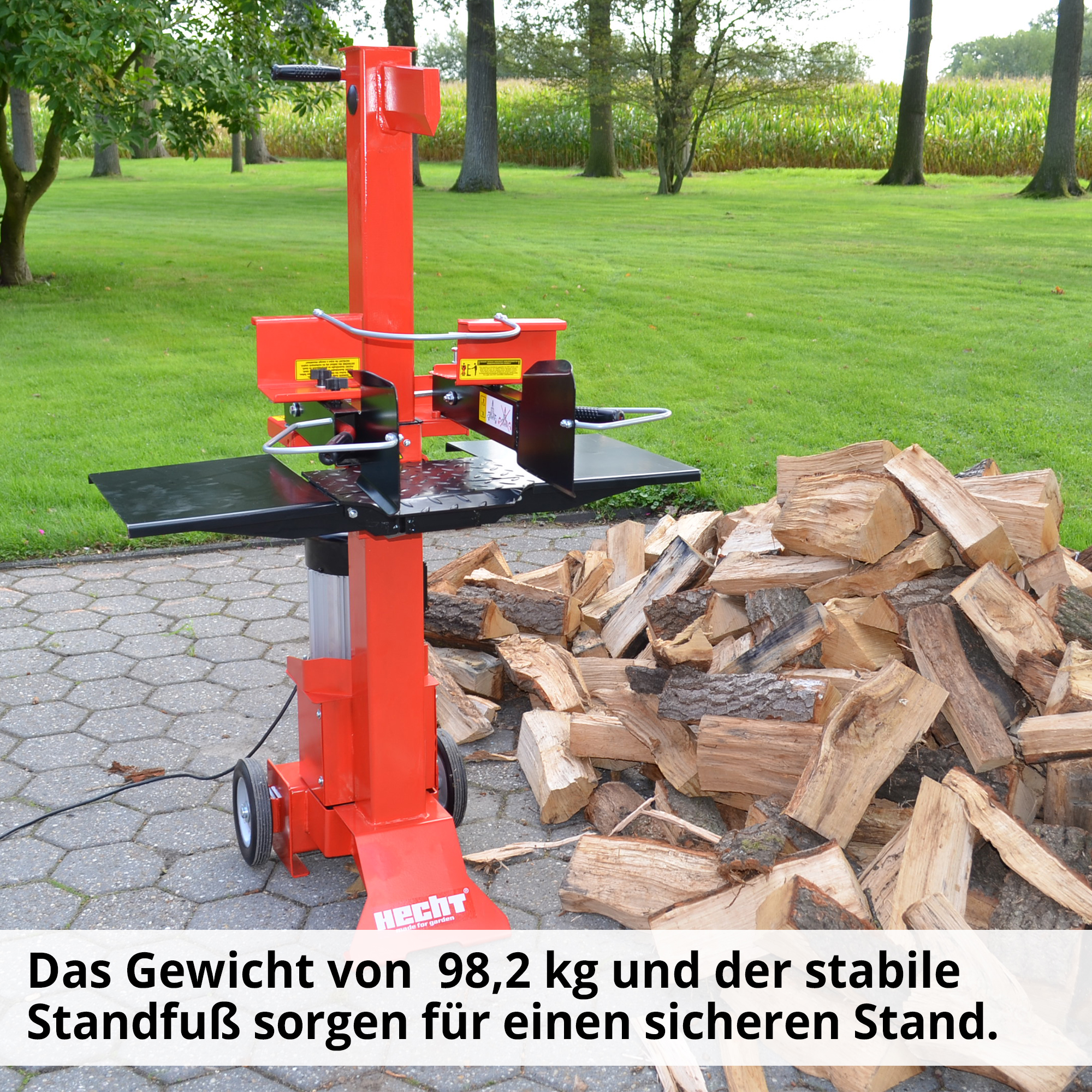 Holzspalter; Sicherer Stand dank 98,2 Kilogramm Gewicht und stabilem Standfuß