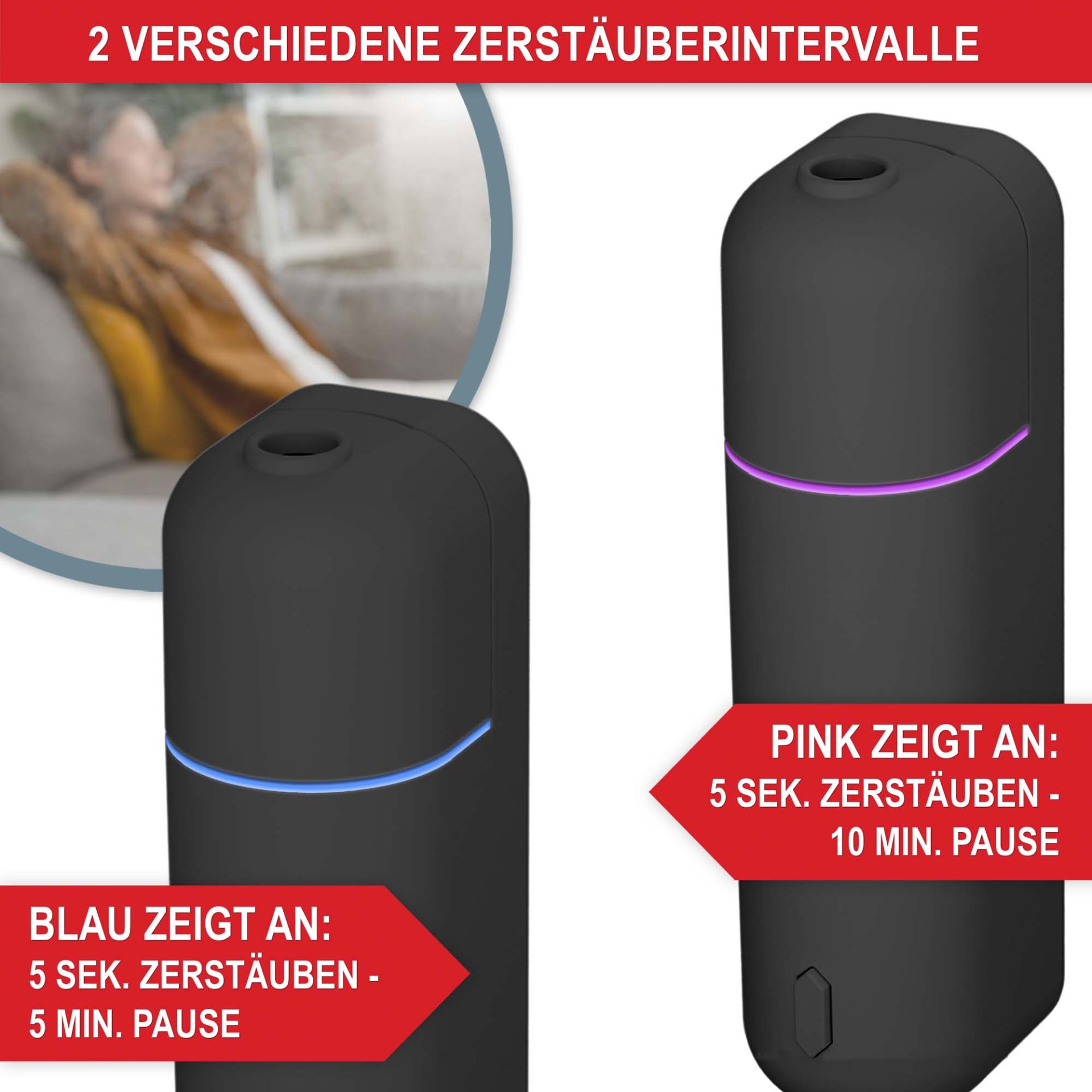 Aromadiffuser schwarz - 2 verschiedene Zerstäuberintervalle, blau zeigt 5 Minuten Pause zwischen 5 Sekunden zerstäuben an, pink zeigt 10 Minuten Pause an