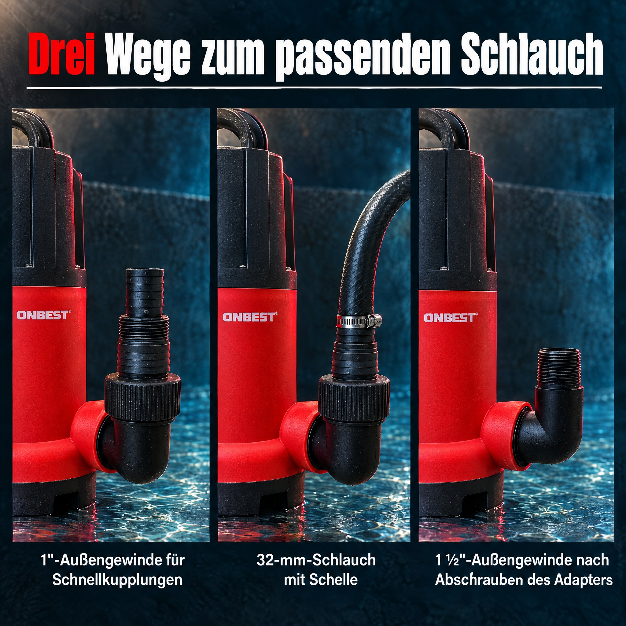 Schlauchanschluss Wasserpumpe: 1 Zoll, 32 mm oder 1,5 Zoll Außengewinde (Dieses Bild wurde mit Hilfe von KI generiert.)